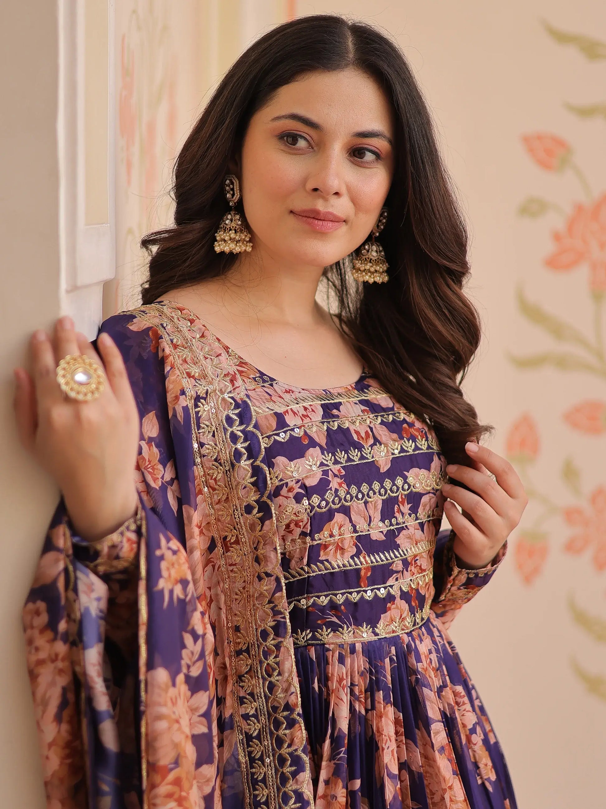 Glamorous Purple Floral Printed Silk Festival Wear Gown With Dupatta - Zeel Clothing