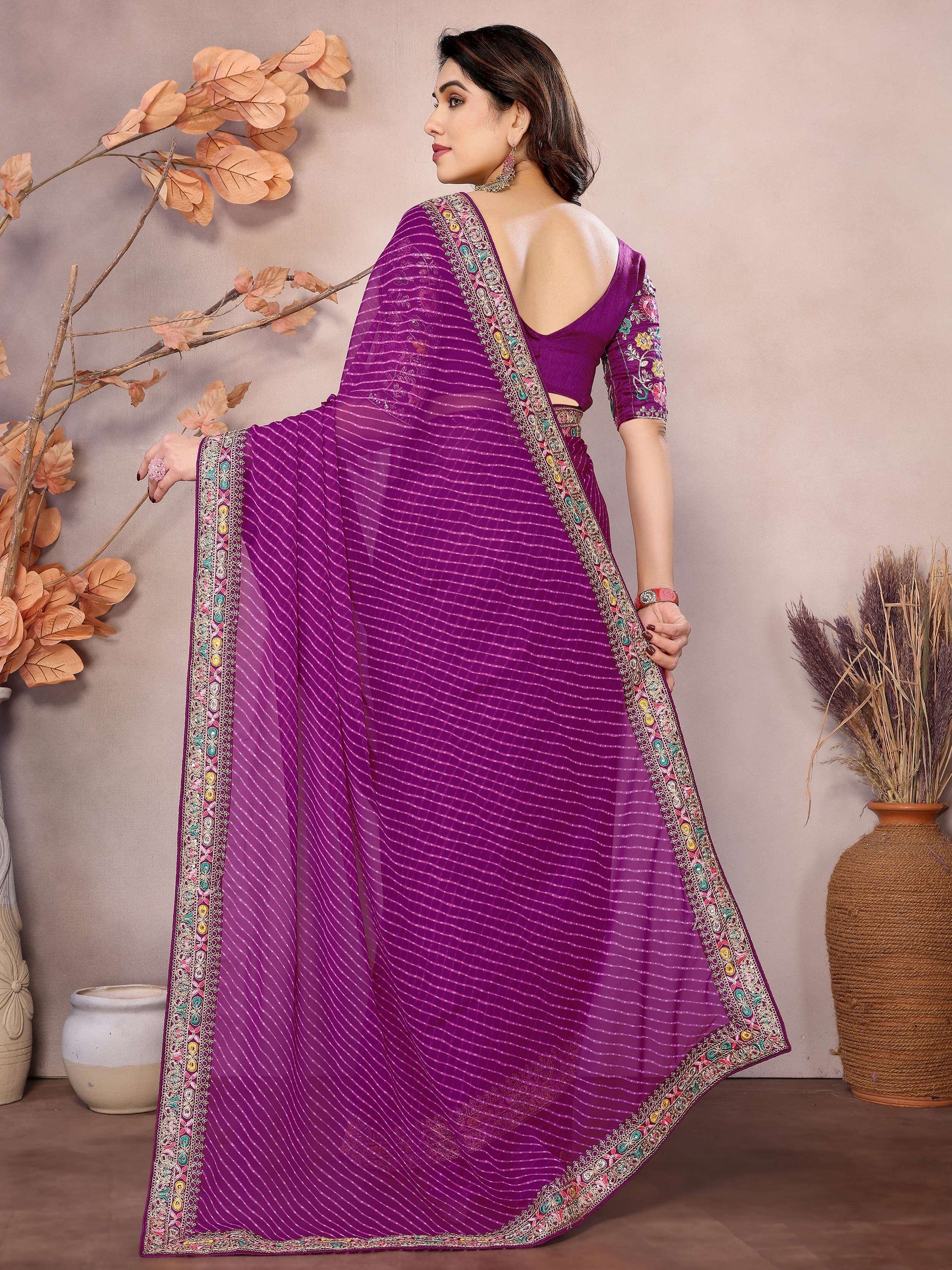 Glamorous Purple Leheriya Print Georgette Event Wear Saree With Blouse - Zeel Clothing