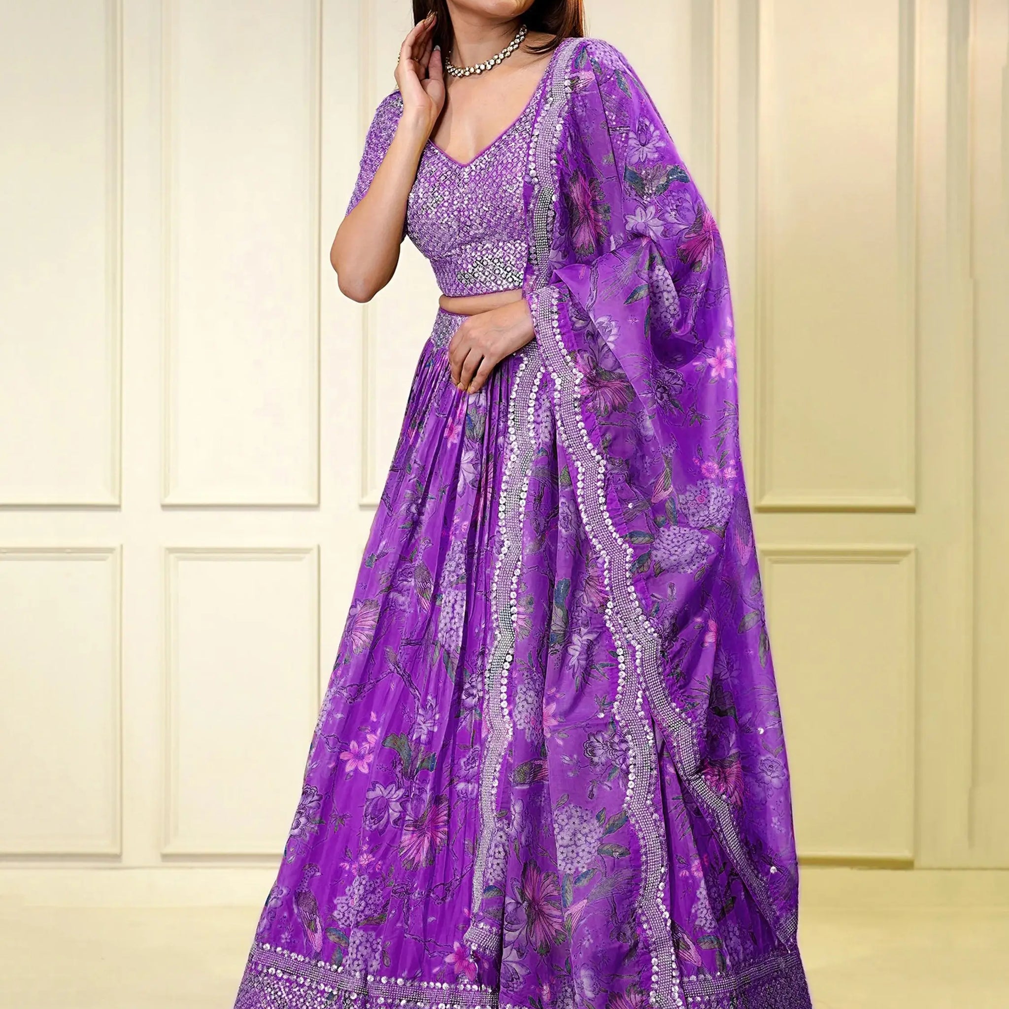 Glamorous Purple Sequins Organza Engagement Wear Lehenga Choli - Zeel Clothing