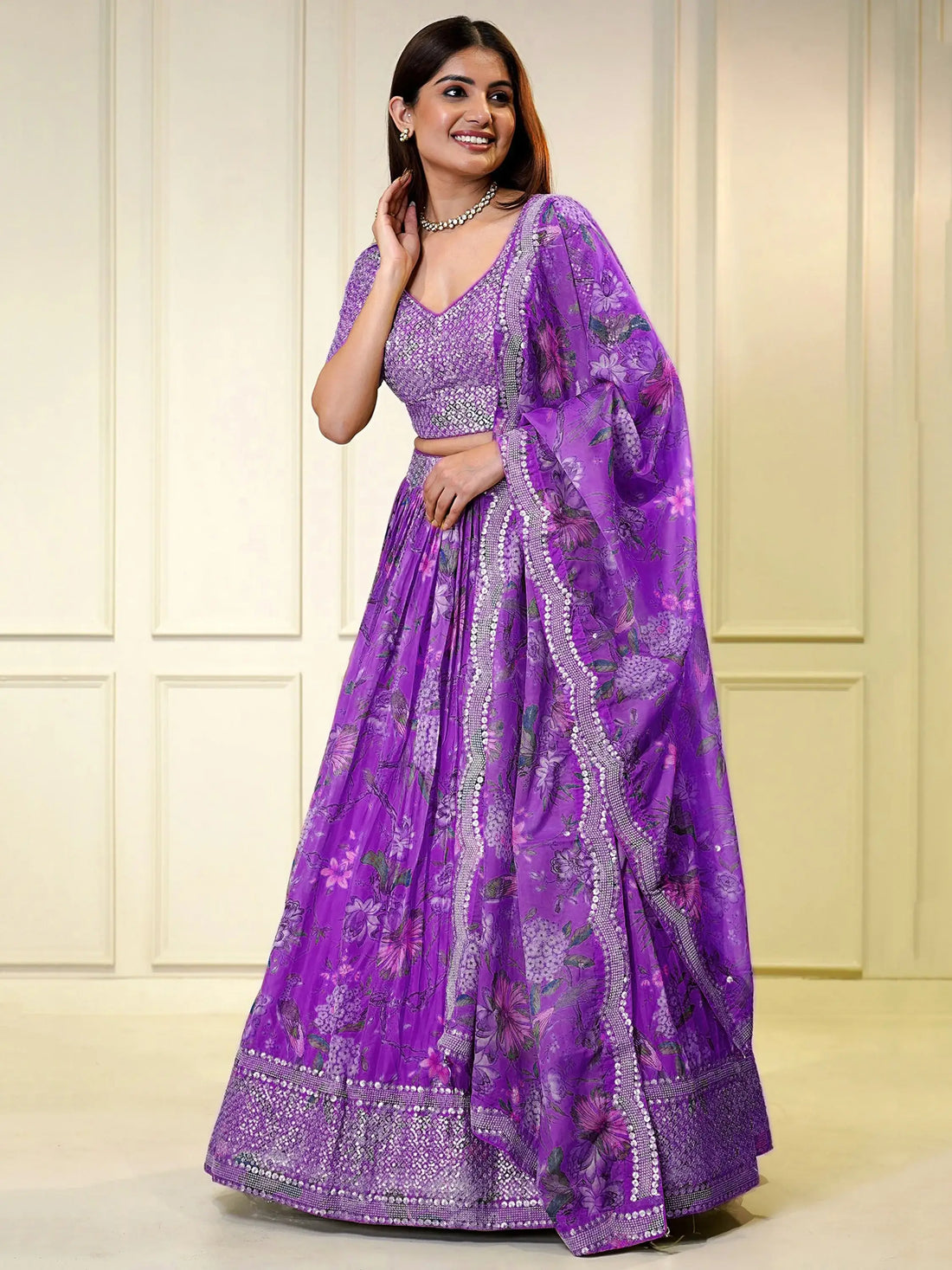 Glamorous Purple Sequins Organza Engagement Wear Lehenga Choli - Zeel Clothing