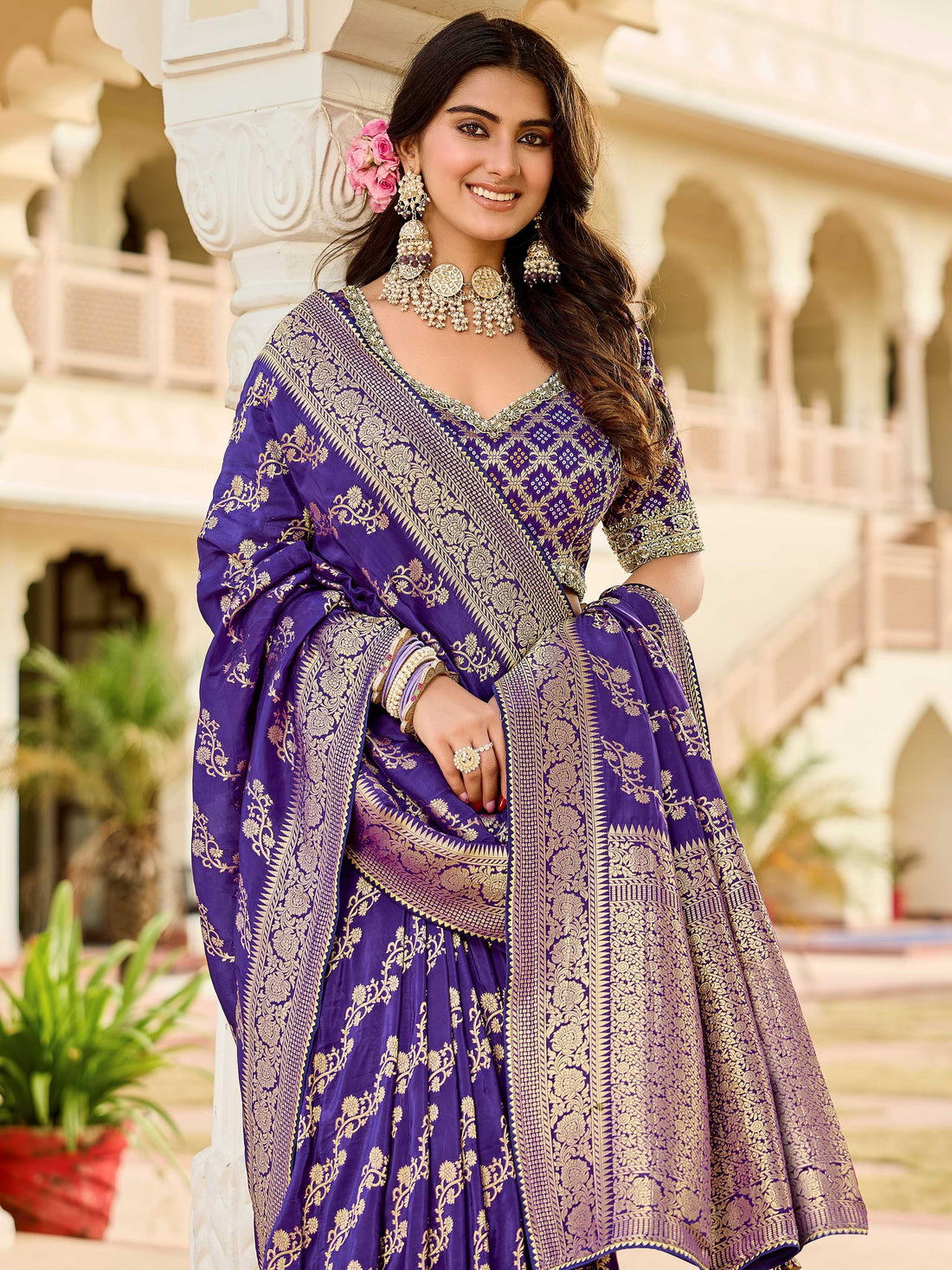 Glamorous Purple Zari Weaving Silk Wedding Wear Saree With Blouse