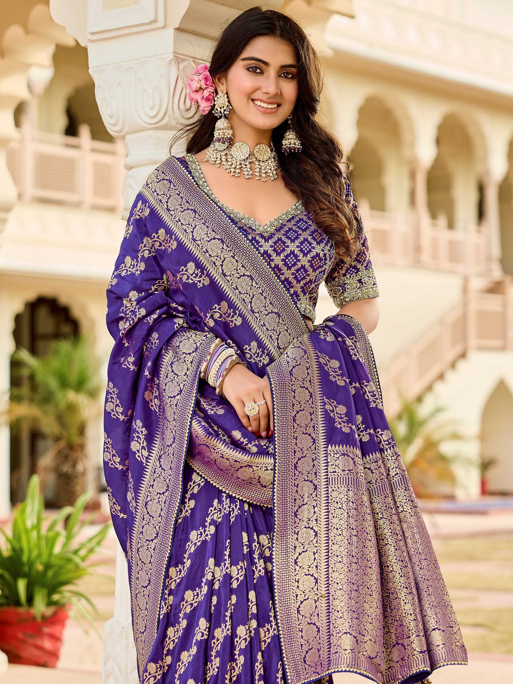Glamorous Purple Zari Weaving Silk Wedding Wear Saree With Blouse