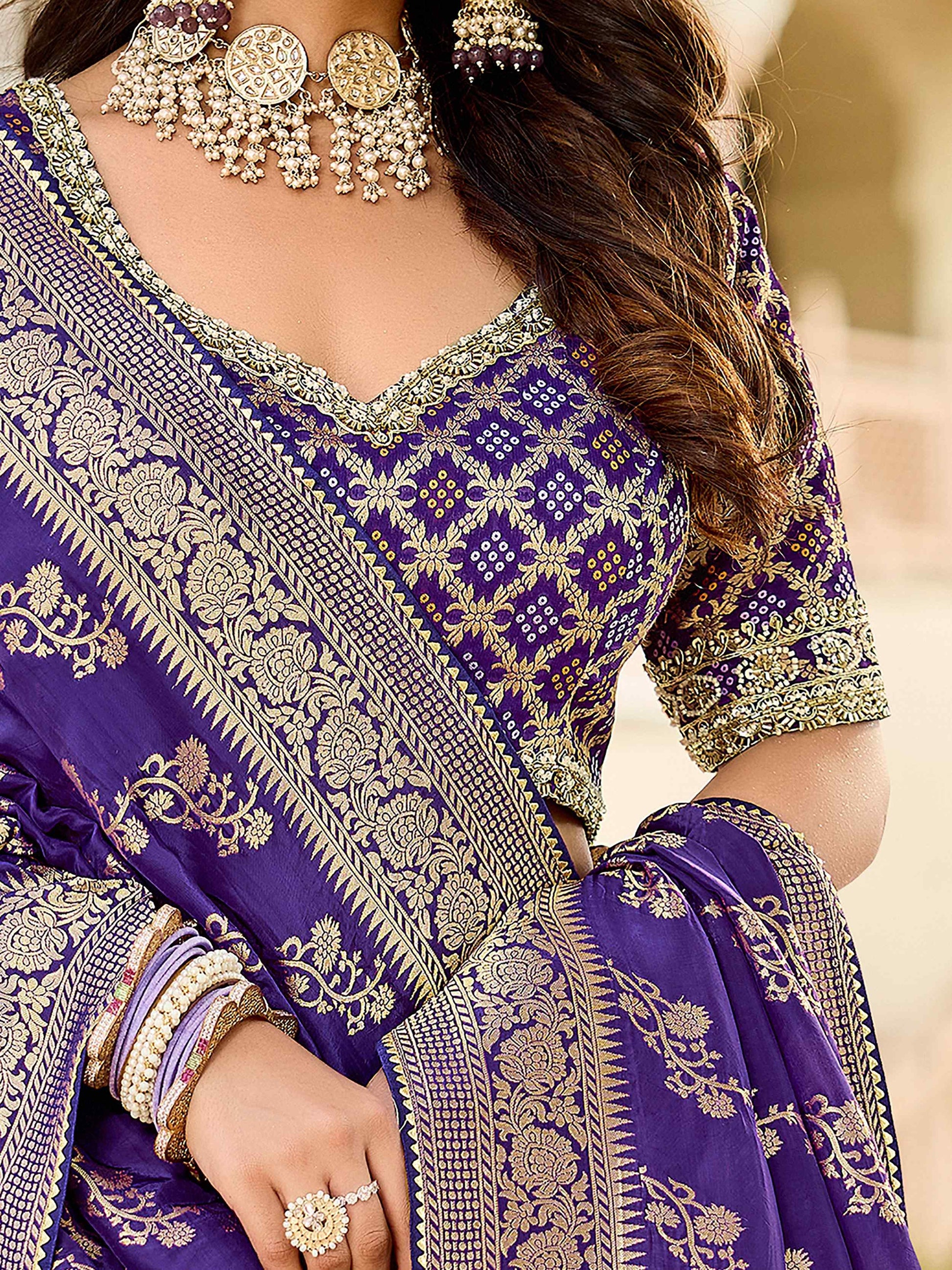 Glamorous Purple Zari Weaving Silk Wedding Wear Saree With Blouse