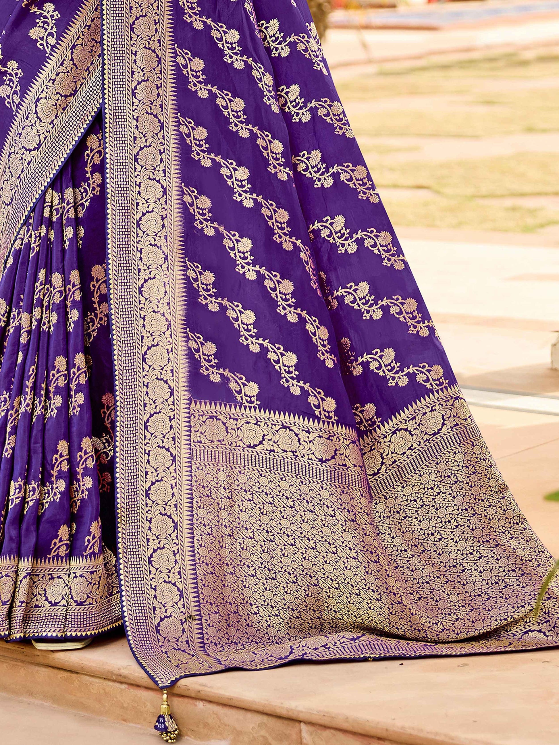 Glamorous Purple Zari Weaving Silk Wedding Wear Saree With Blouse