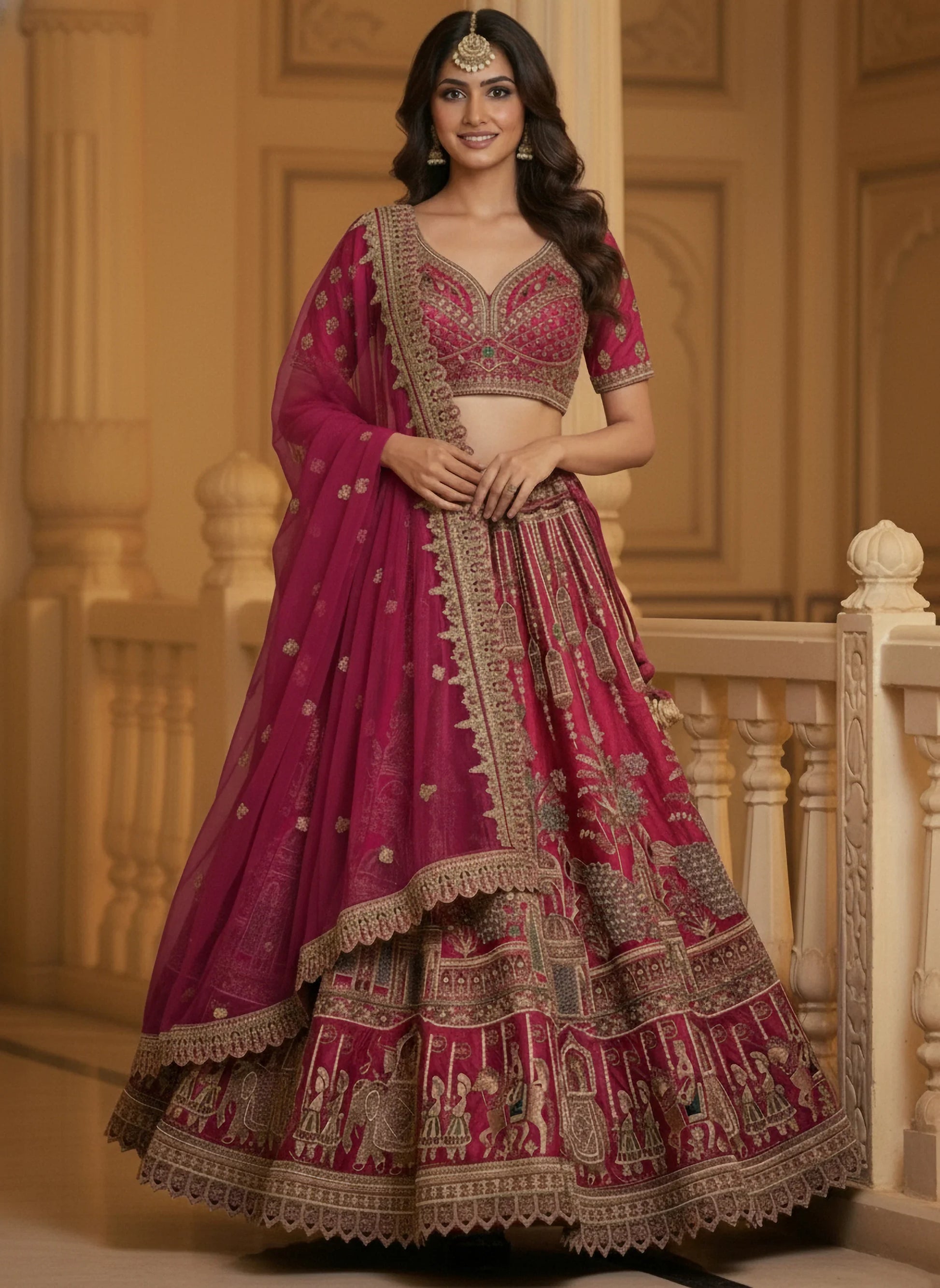 Glamorous Rani Pink Hand Work Silk Bridal Wear Lehenga Choli With Double Dupatta