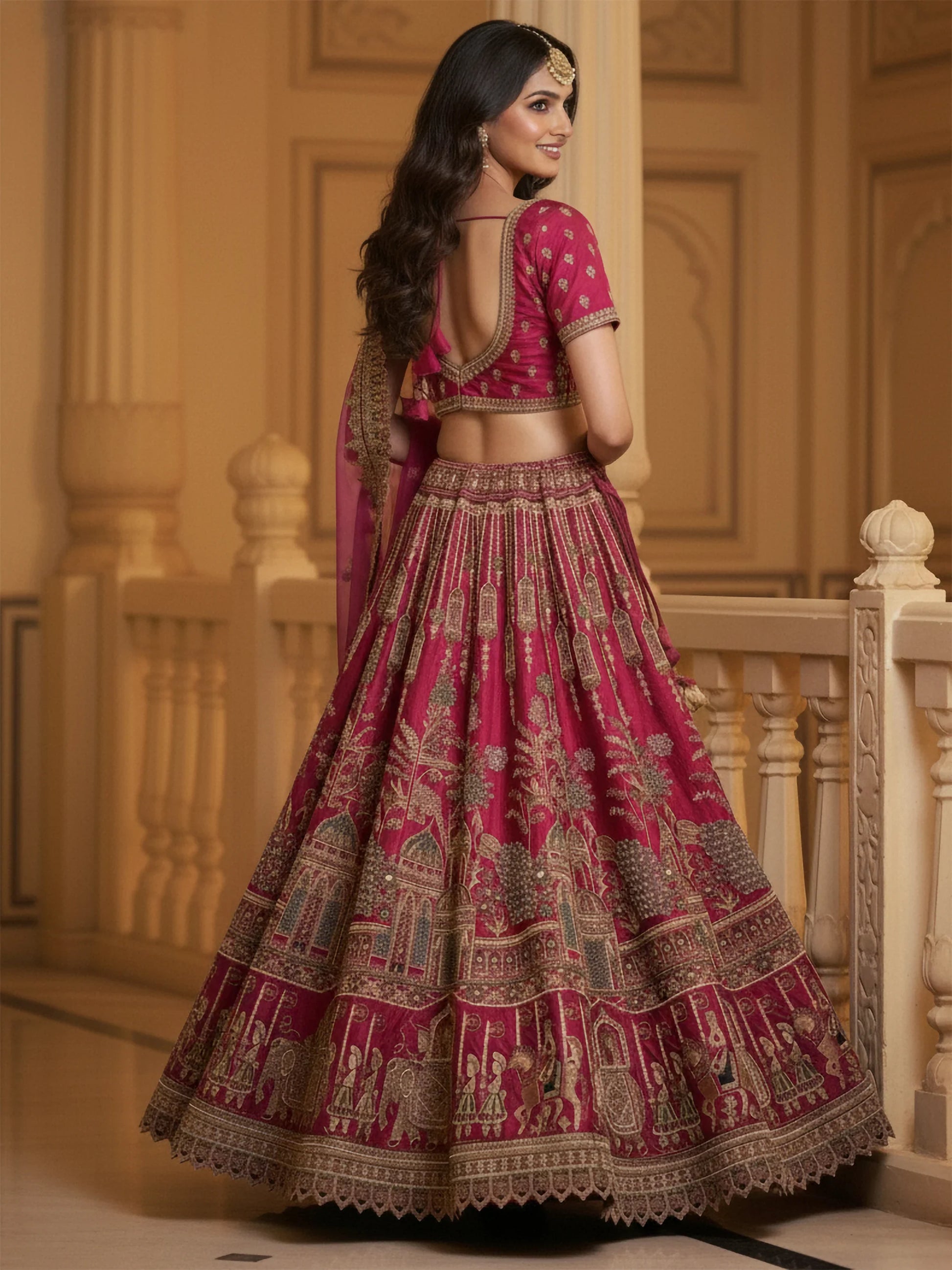 Glamorous Rani Pink Hand Work Silk Bridal Wear Lehenga Choli With Double Dupatta