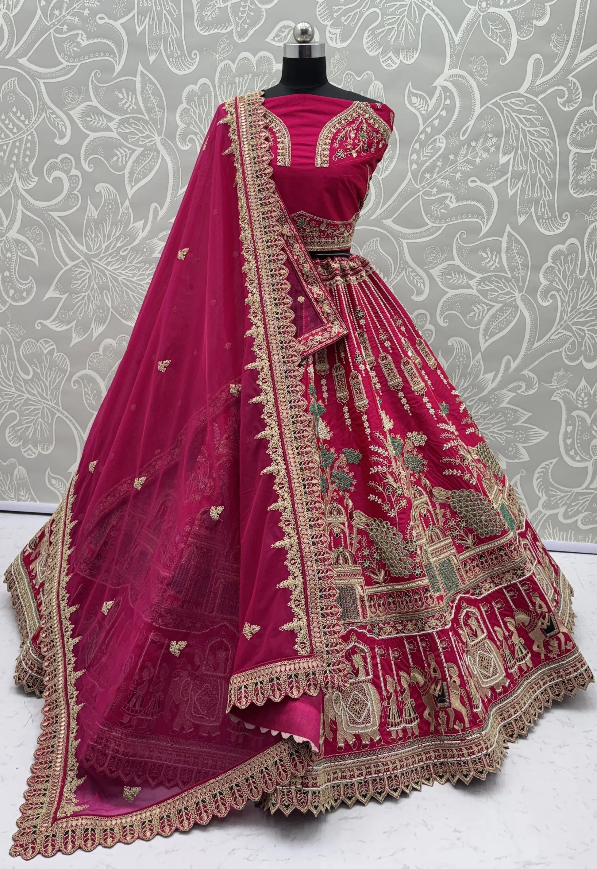 Glamorous Rani Pink Hand Work Silk Bridal Wear Lehenga Choli With Double Dupatta