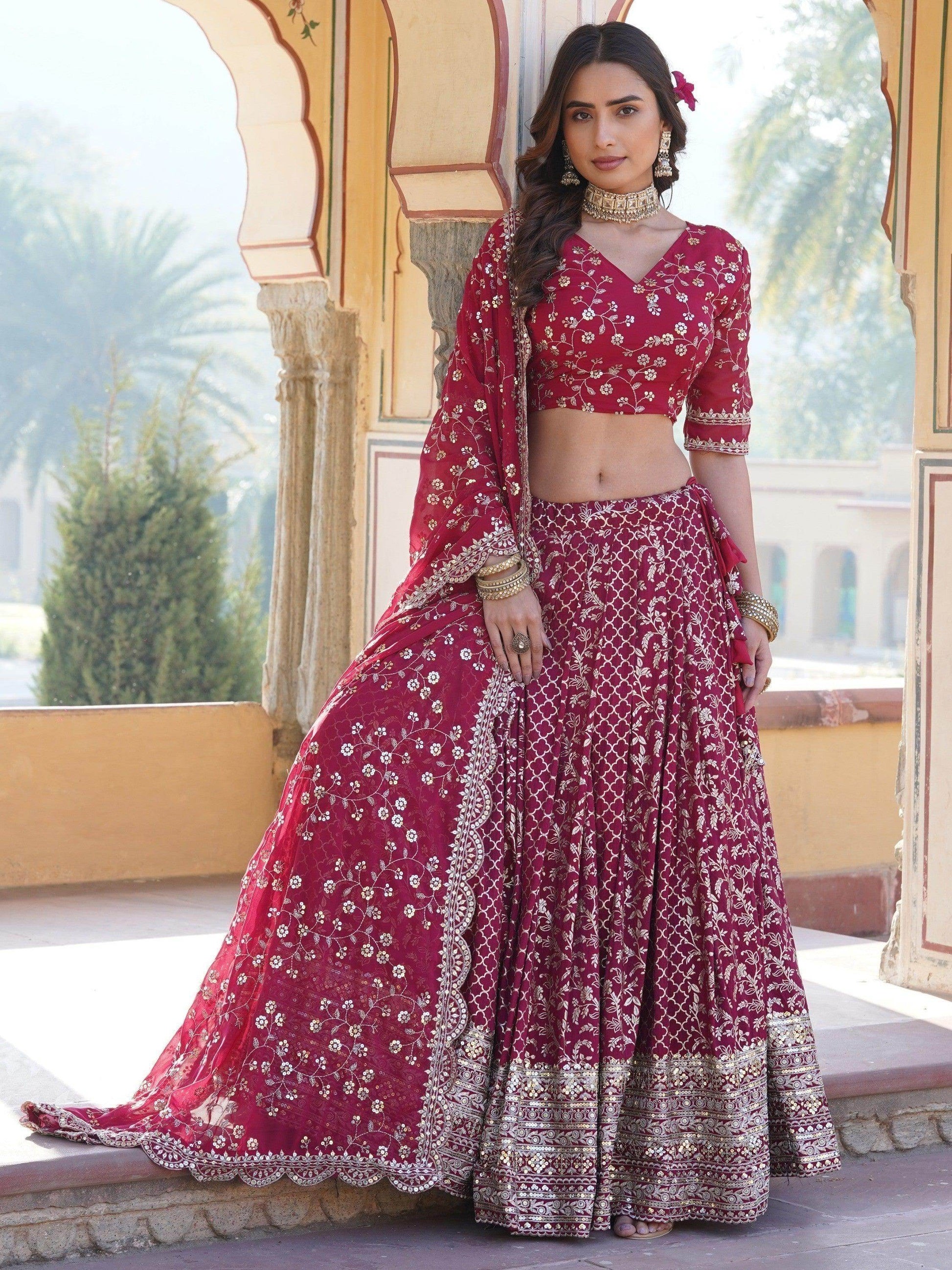 Glamorous Rani Pink Sequins Jacquard Sangeet Wear Lehenga Choli - Zeel Clothing