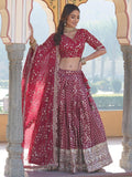 Glamorous Rani Pink Sequins Jacquard Sangeet Wear Lehenga Choli - Zeel Clothing