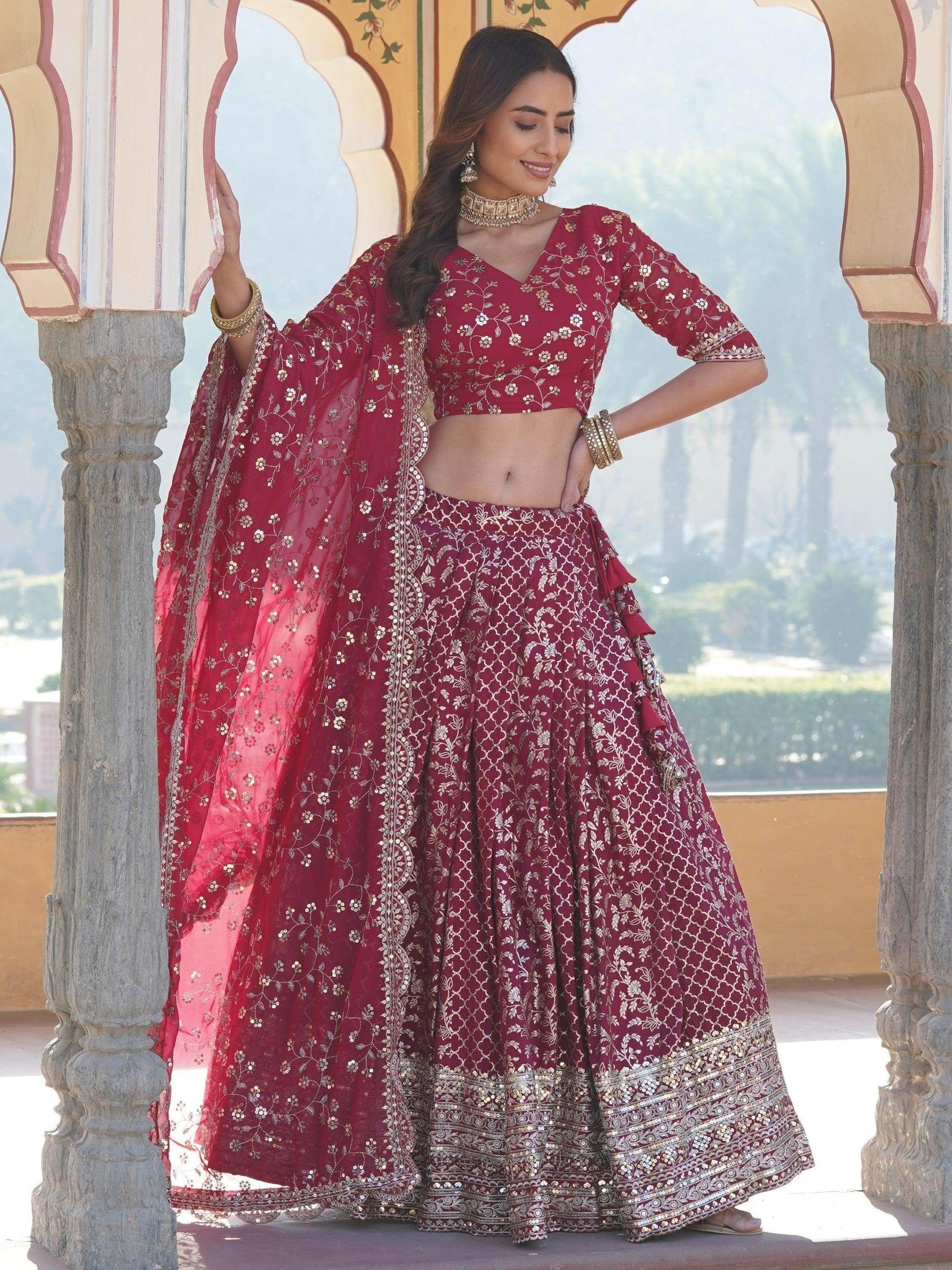 Glamorous Rani Pink Sequins Jacquard Sangeet Wear Lehenga Choli - Zeel Clothing