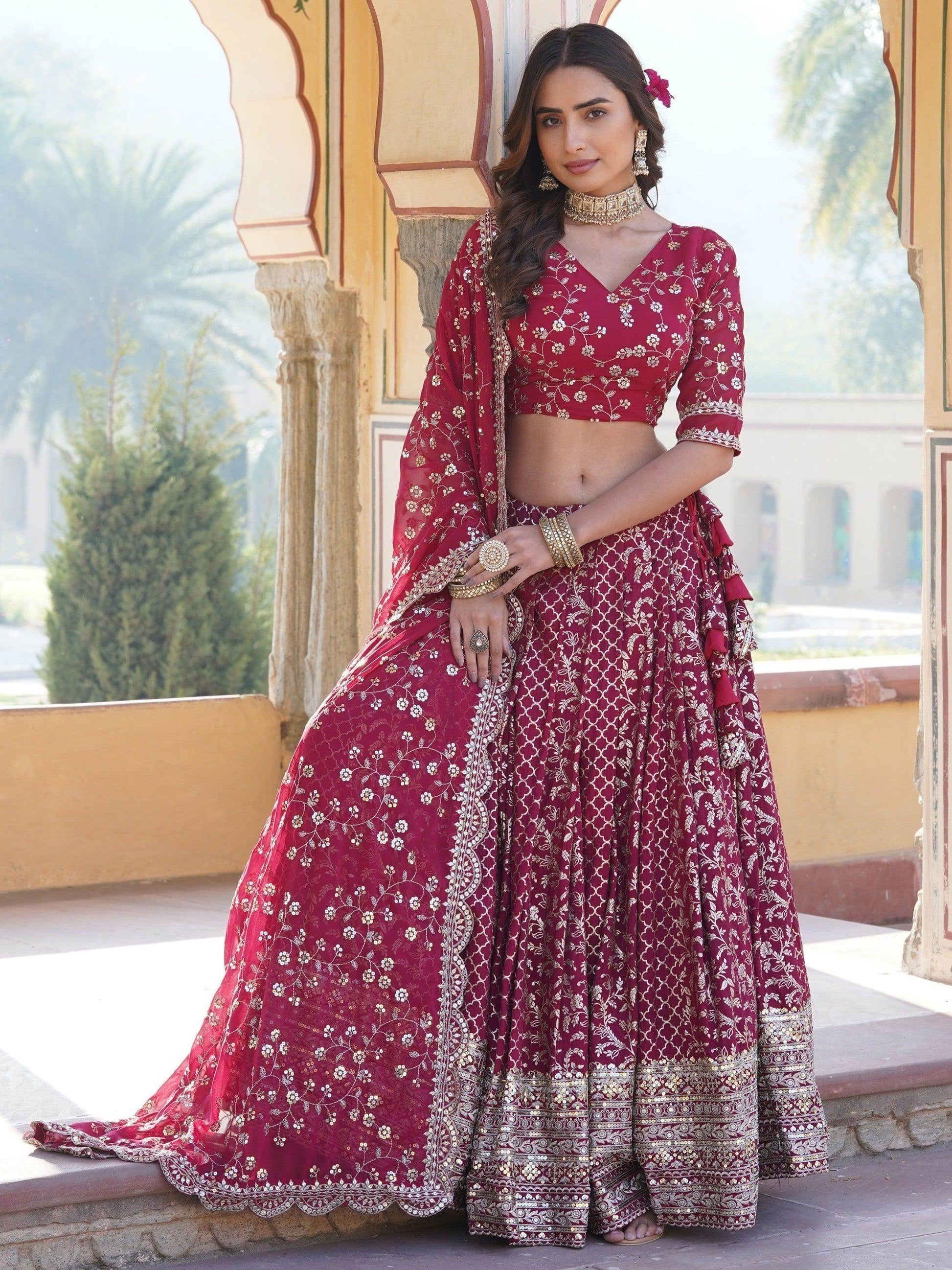 Glamorous Rani Pink Sequins Jacquard Sangeet Wear Lehenga Choli - Zeel Clothing