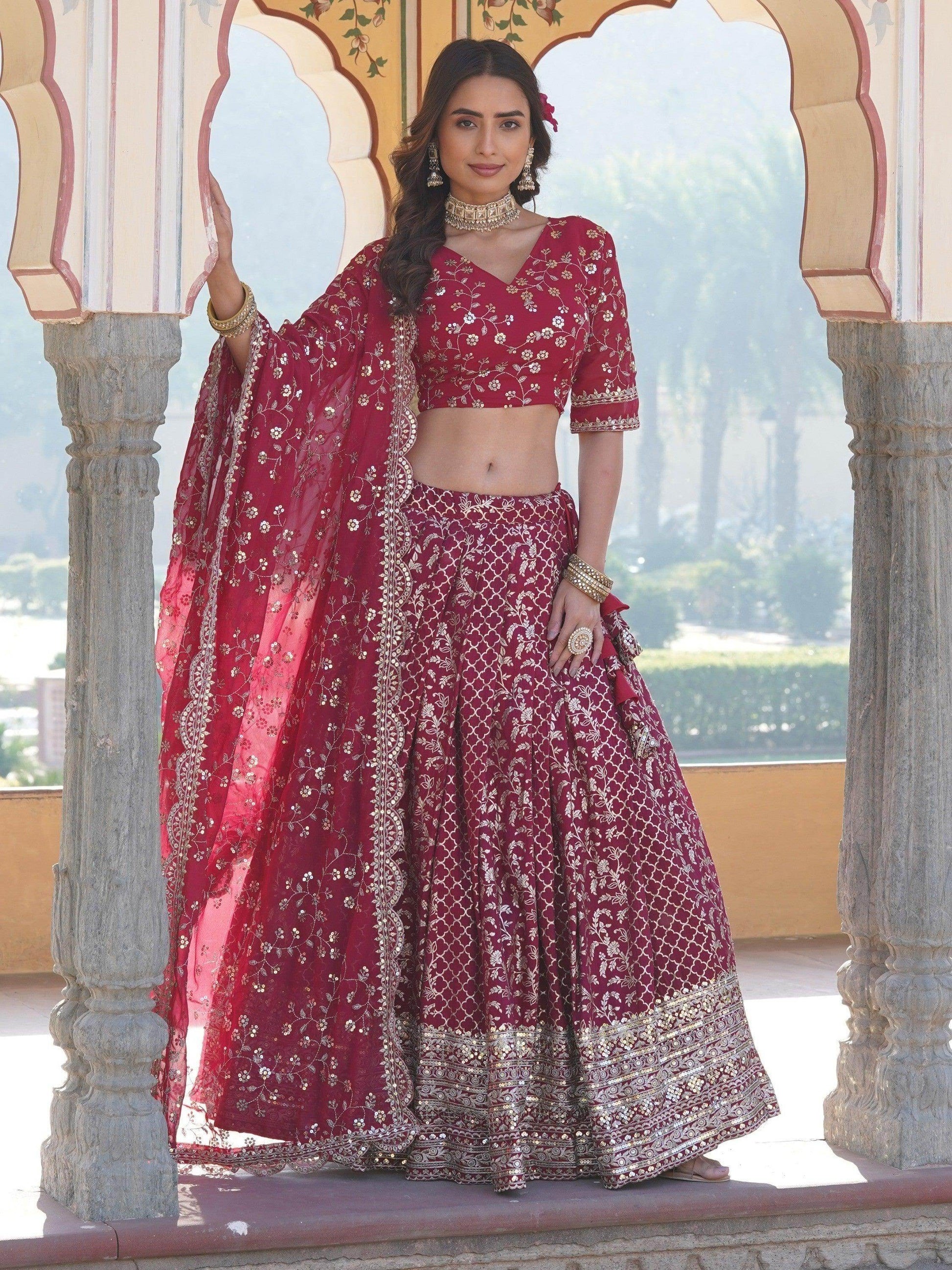 Glamorous Rani Pink Sequins Jacquard Sangeet Wear Lehenga Choli - Zeel Clothing