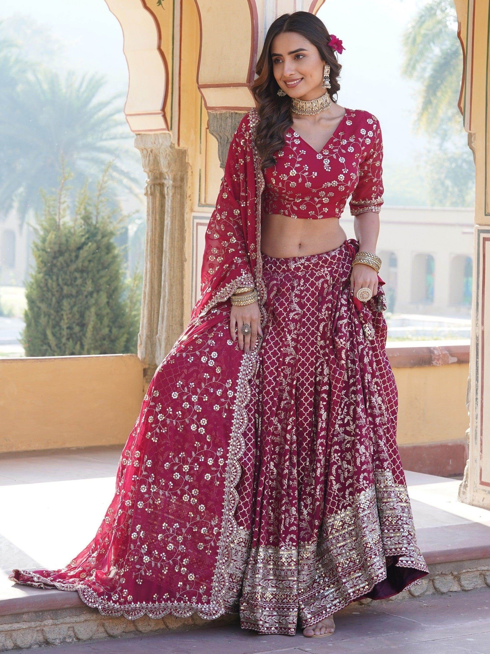 Glamorous Rani Pink Sequins Jacquard Sangeet Wear Lehenga Choli - Zeel Clothing