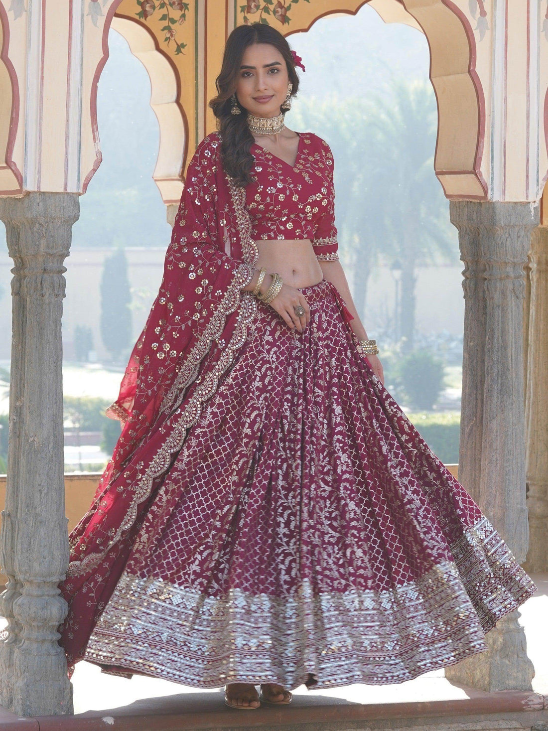 Glamorous Rani Pink Sequins Jacquard Sangeet Wear Lehenga Choli - Zeel Clothing