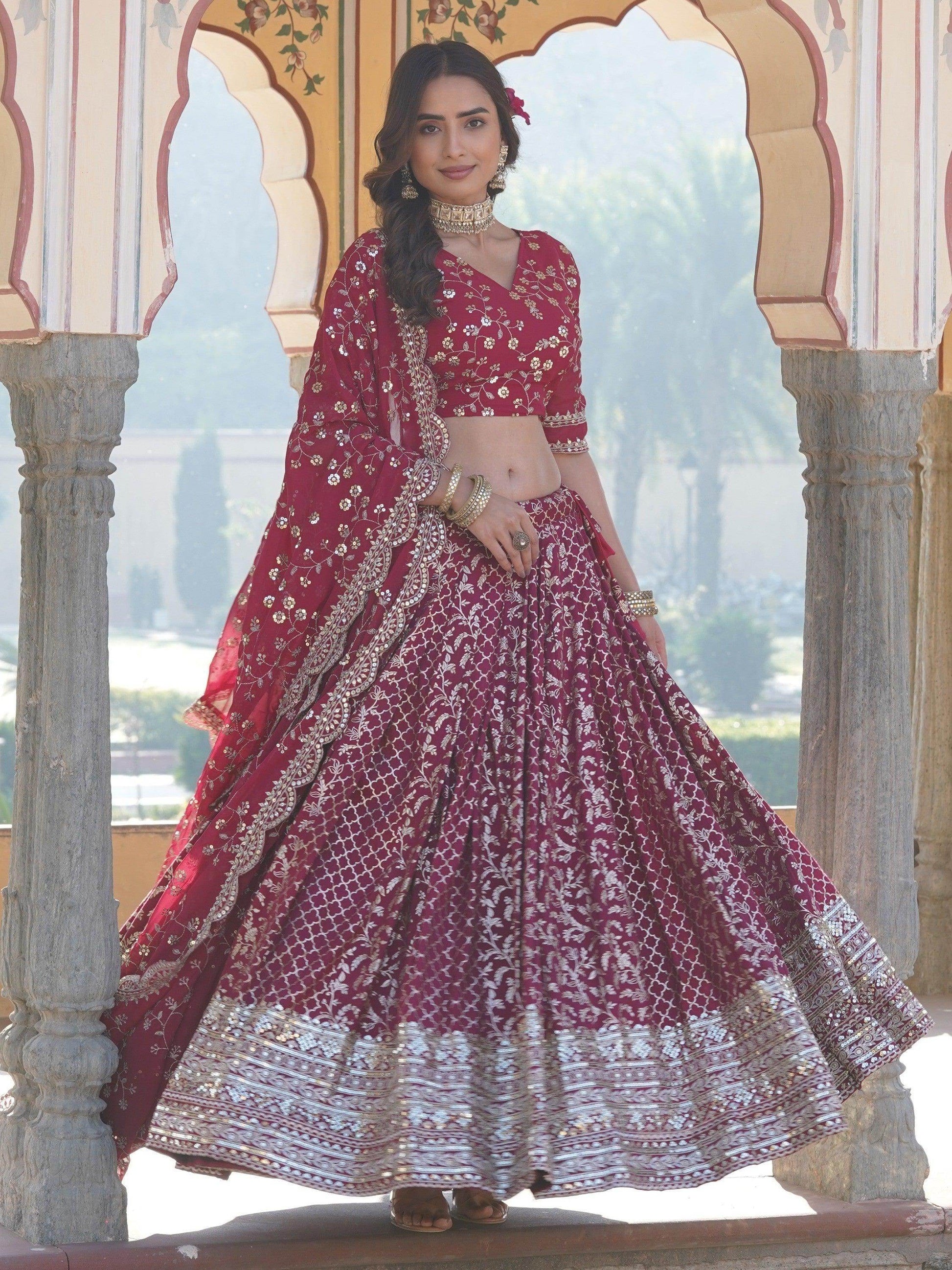 Glamorous Rani Pink Sequins Jacquard Sangeet Wear Lehenga Choli - Zeel Clothing