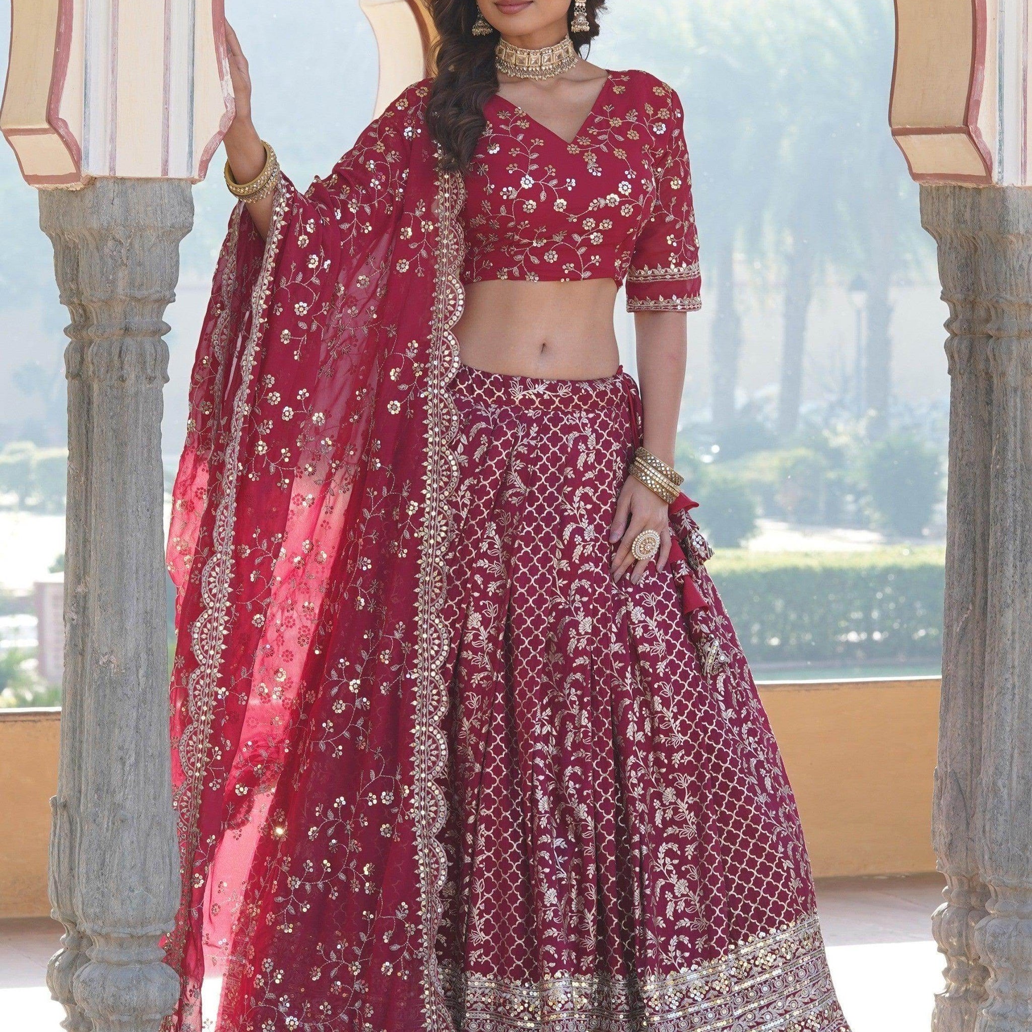 Glamorous Rani Pink Sequins Jacquard Sangeet Wear Lehenga Choli - Zeel Clothing