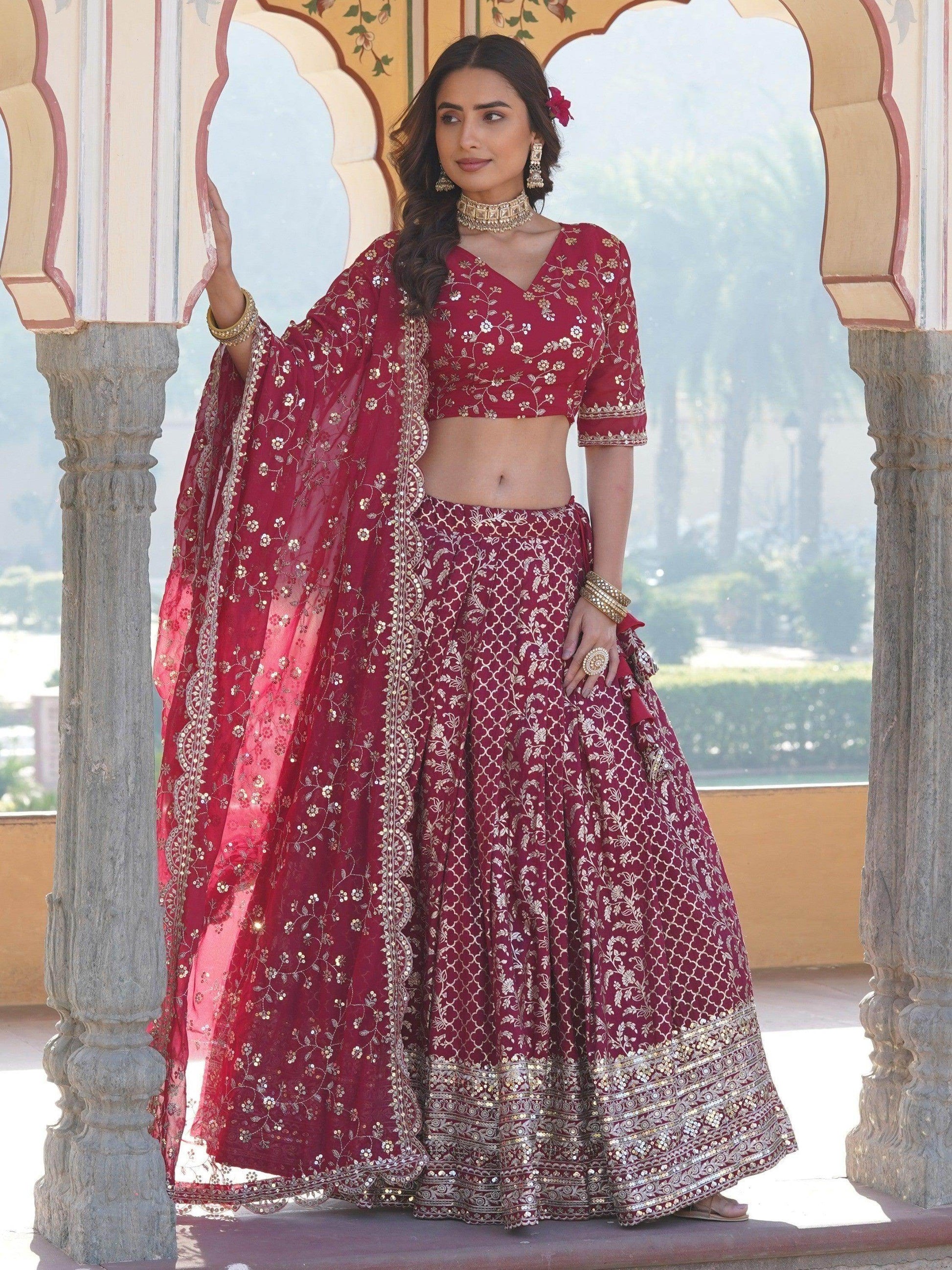 Glamorous Rani Pink Sequins Jacquard Sangeet Wear Lehenga Choli - Zeel Clothing