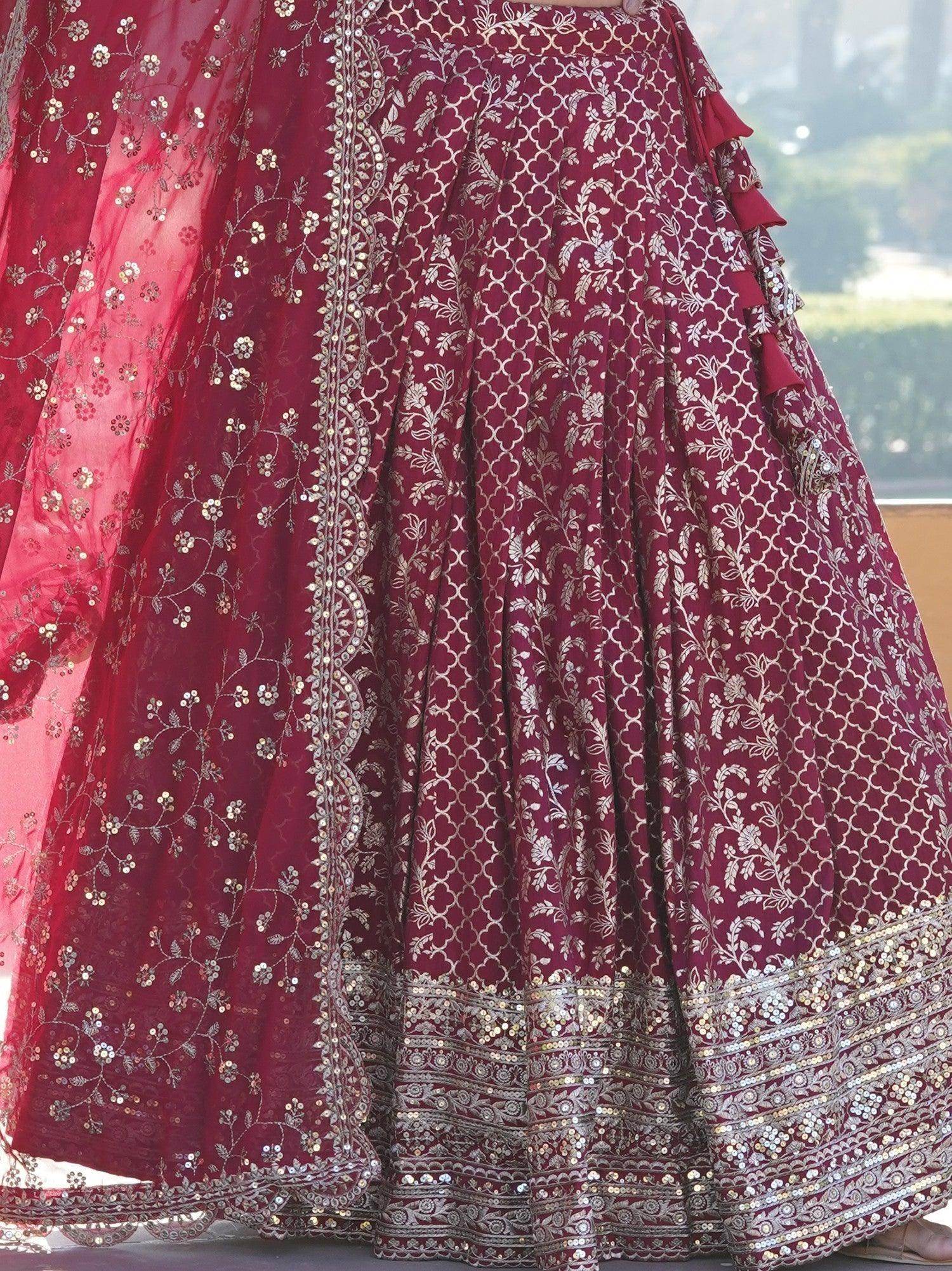 Glamorous Rani Pink Sequins Jacquard Sangeet Wear Lehenga Choli - Zeel Clothing