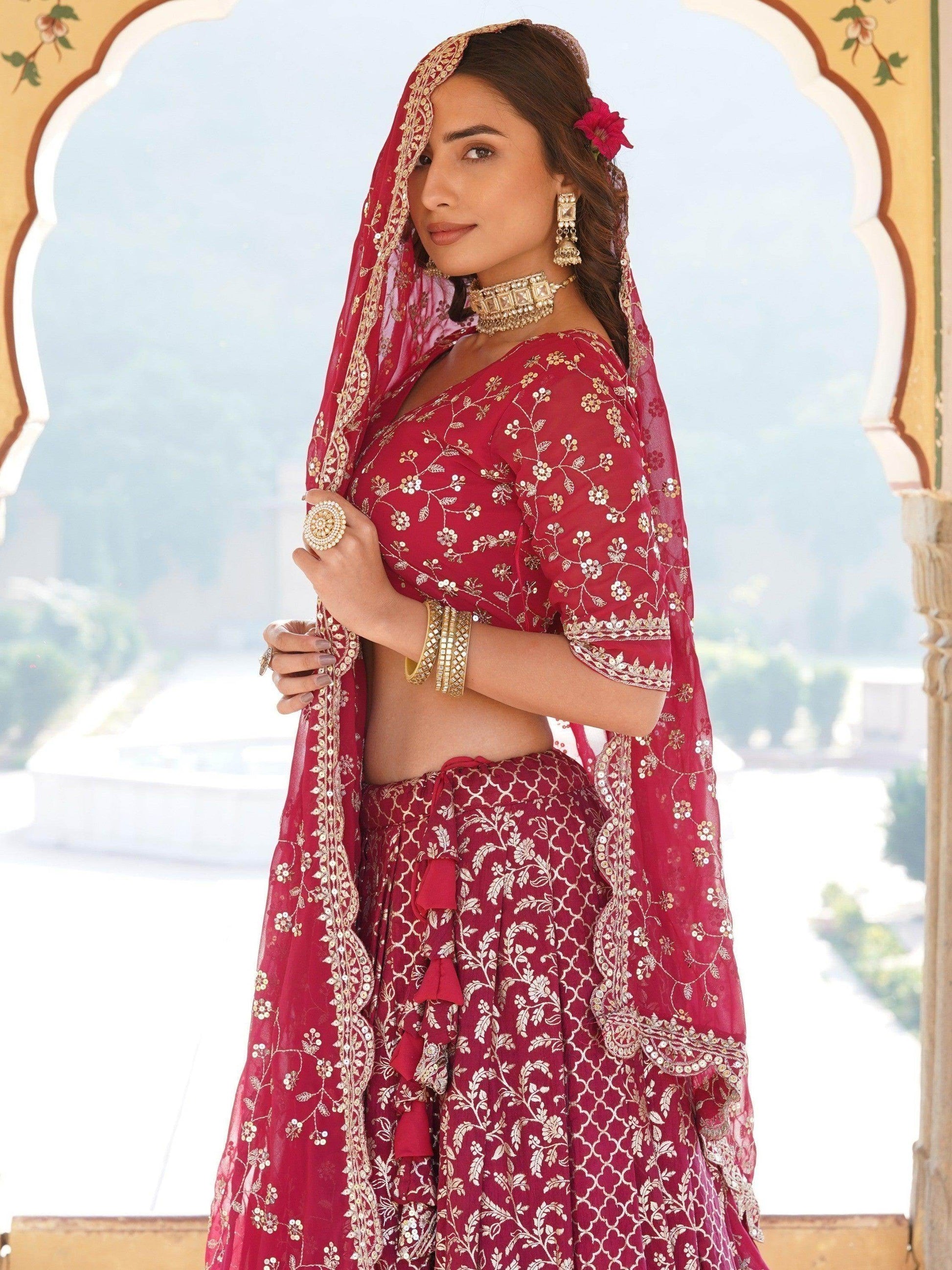 Glamorous Rani Pink Sequins Jacquard Sangeet Wear Lehenga Choli - Zeel Clothing