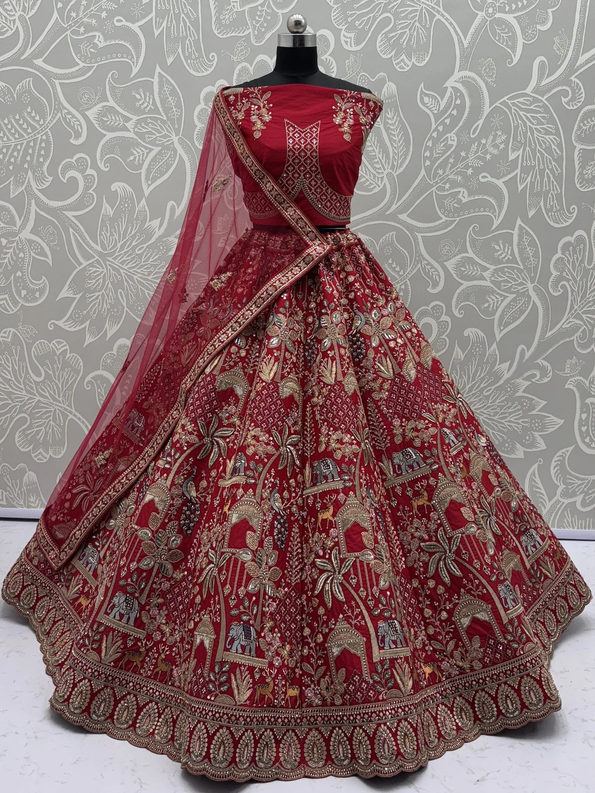 Glamorous Red Dori Embroidery Silk Bridal Lehenga Choli With Double Dupatta