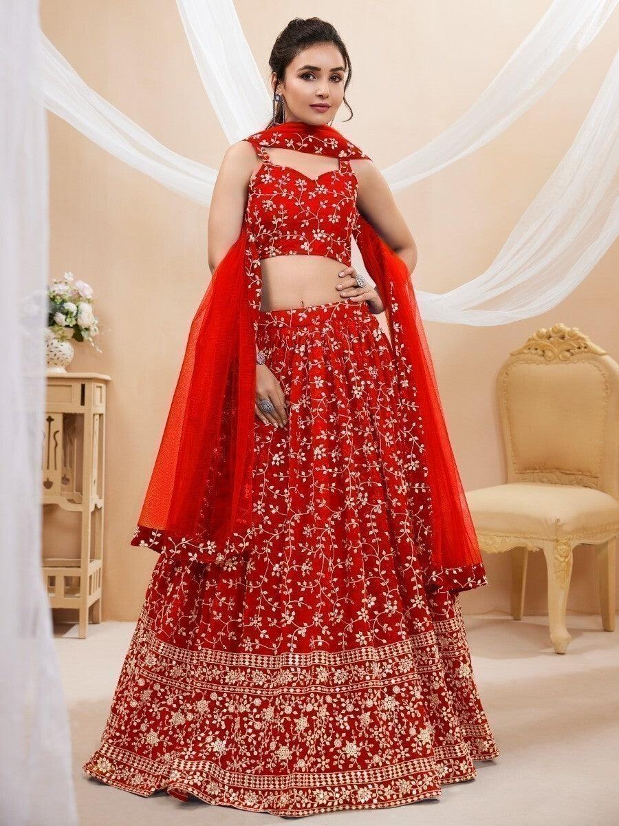 Glamorous Red Embroidered Georgette Reception Wear Lehenga Choli