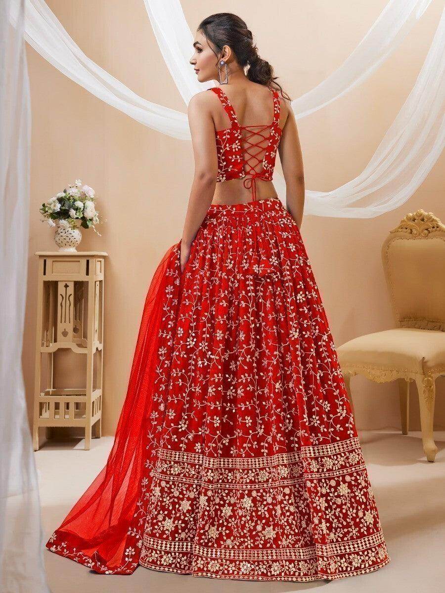 Glamorous Red Embroidered Georgette Reception Wear Lehenga Choli - Zeel Clothing