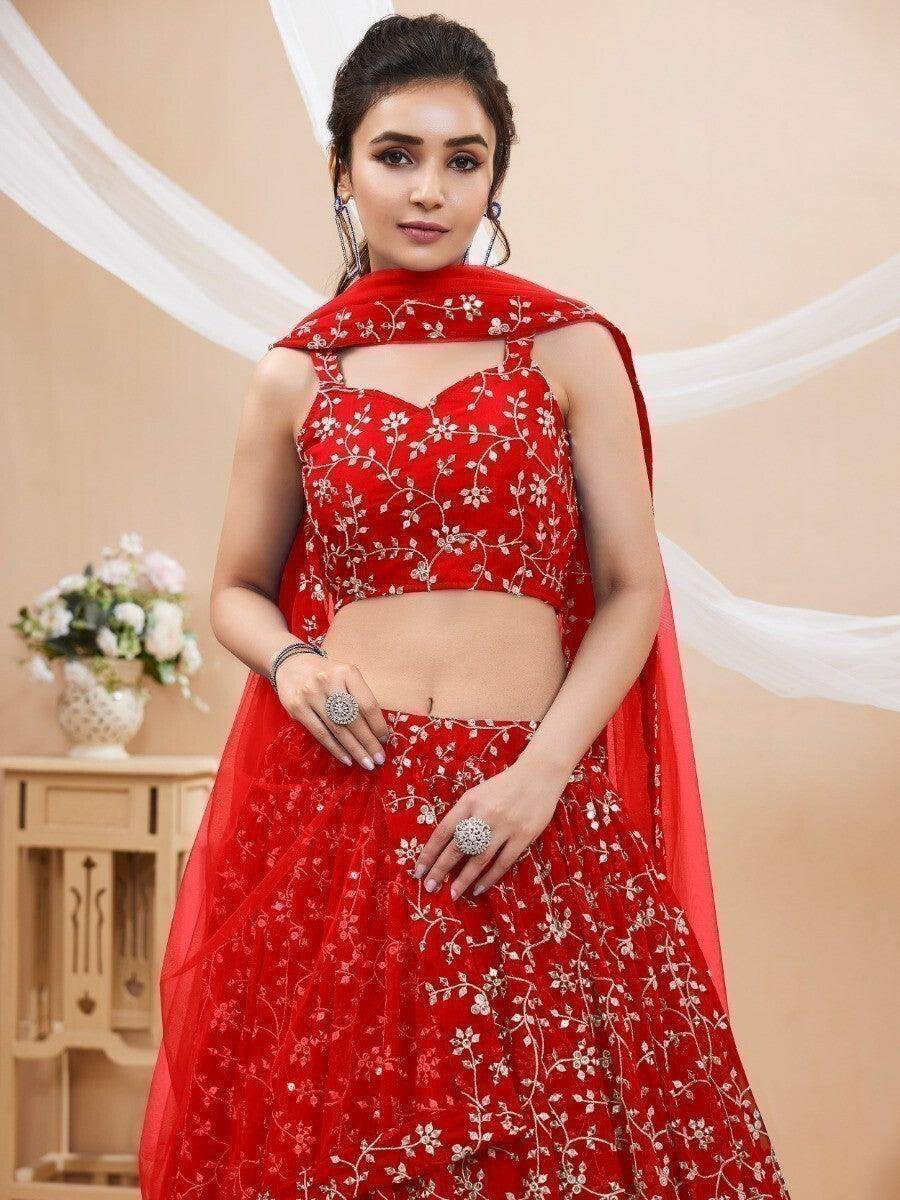 Glamorous Red Embroidered Georgette Reception Wear Lehenga Choli - Zeel Clothing