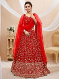 Glamorous Red Embroidered Georgette Reception Wear Lehenga Choli - Zeel Clothing