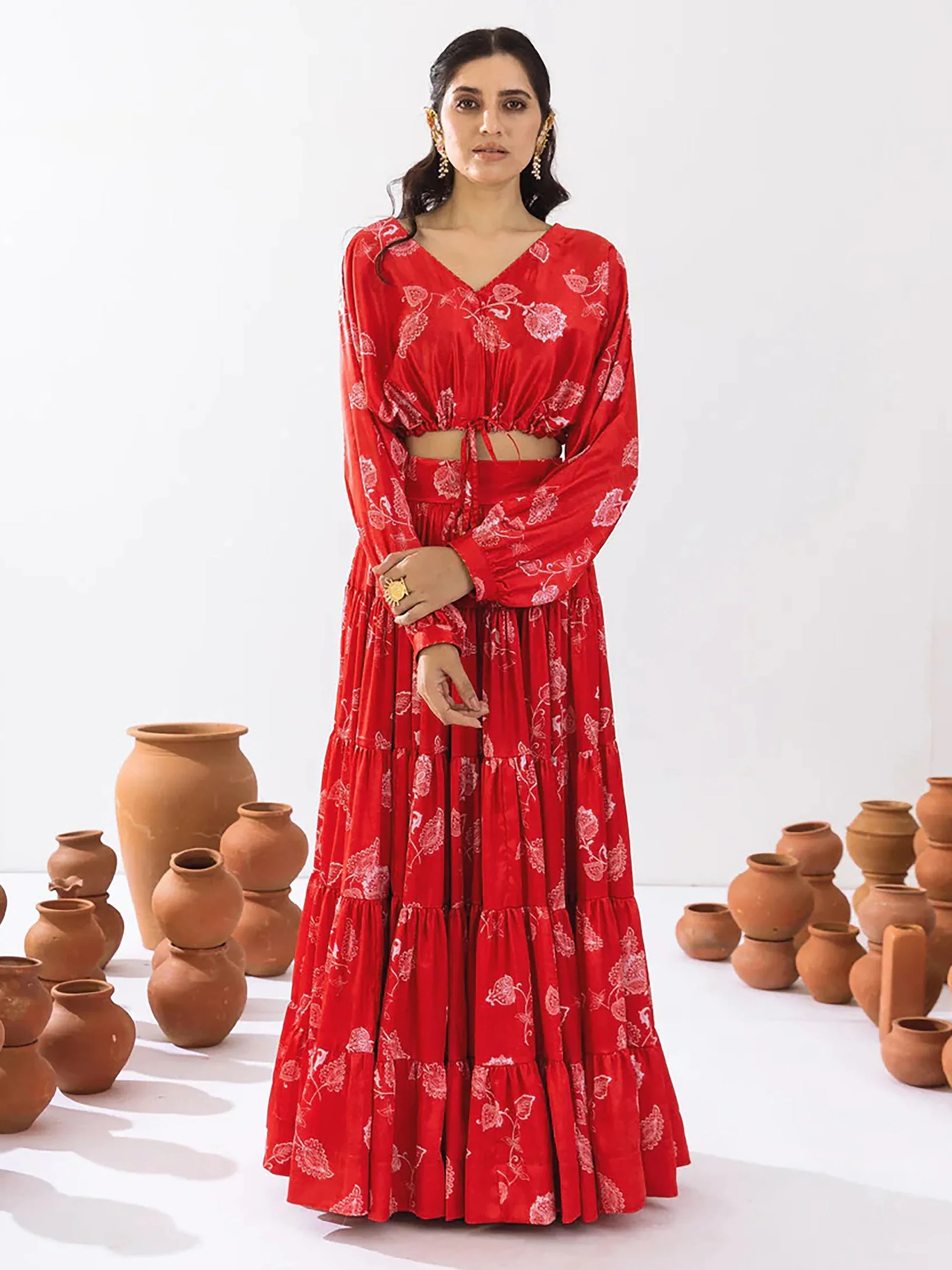 Glamorous Red Floral Printed Chinon Festival Wear Crop Top Lehenga - Zeel Clothing