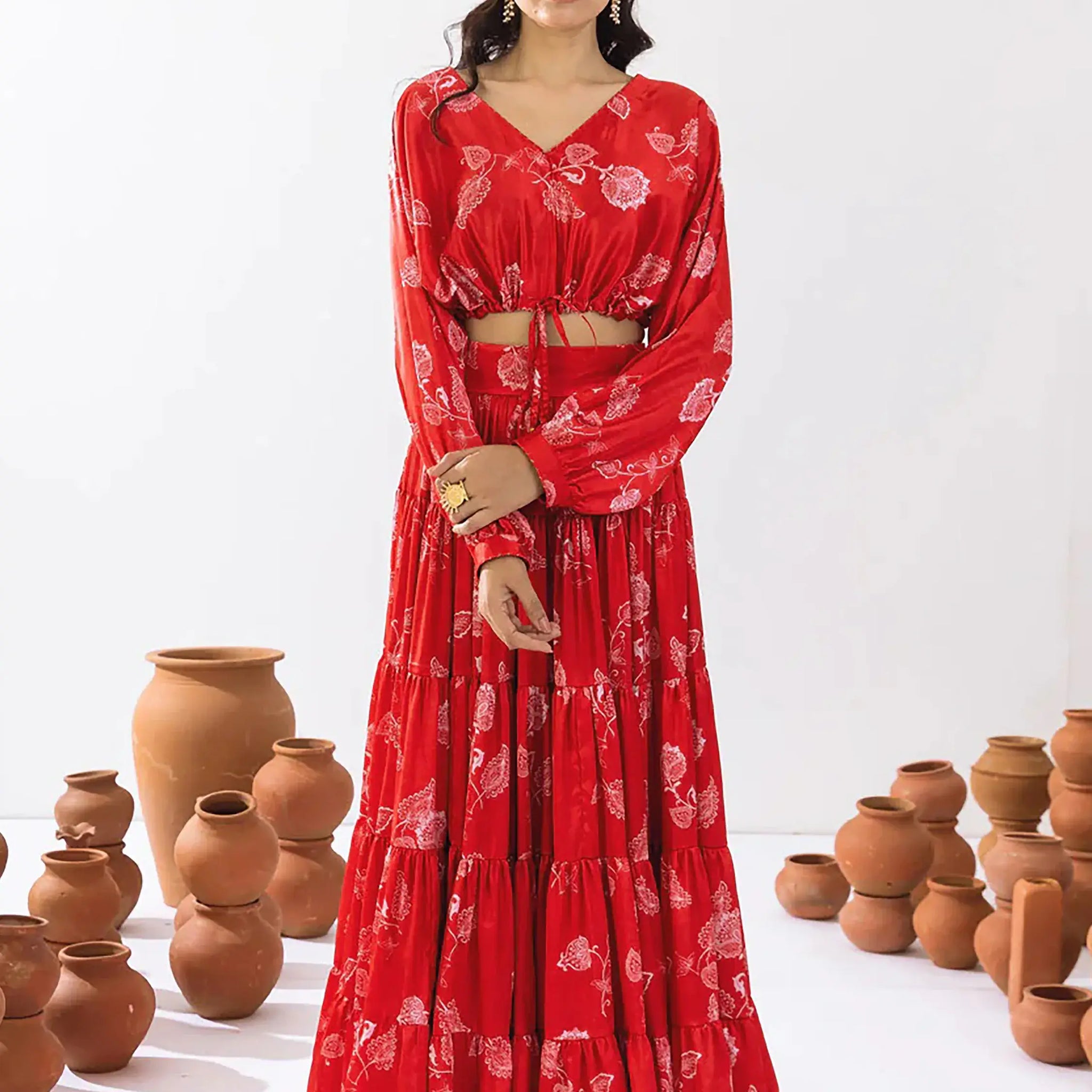 Glamorous Red Floral Printed Chinon Festival Wear Crop Top Lehenga - Zeel Clothing