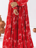 Glamorous Red Floral Printed Chinon Festival Wear Crop Top Lehenga - Zeel Clothing