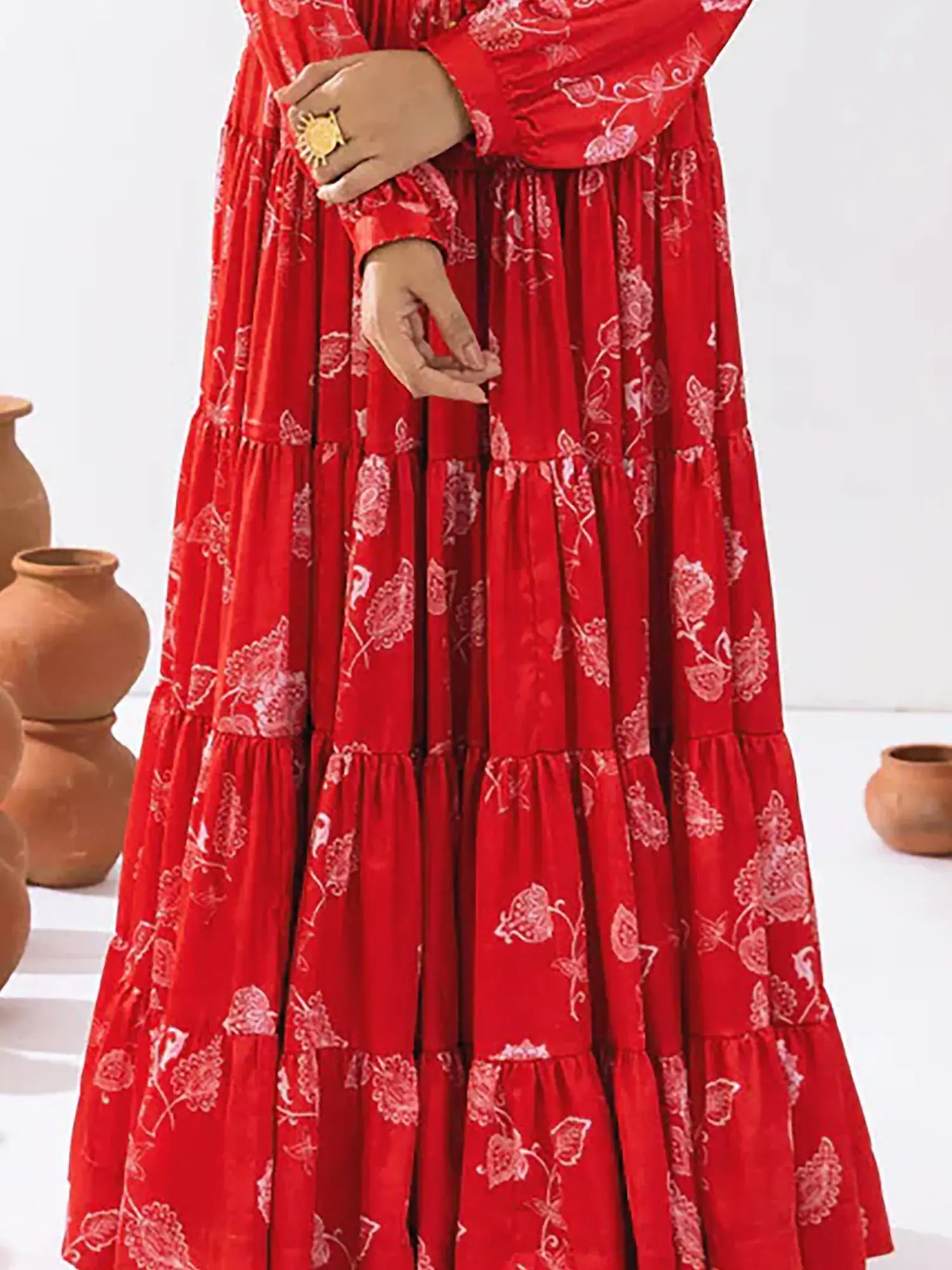 Glamorous Red Floral Printed Chinon Festival Wear Crop Top Lehenga - Zeel Clothing