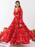 Glamorous Red Floral Printed Chinon Festival Wear Crop Top Lehenga - Zeel Clothing