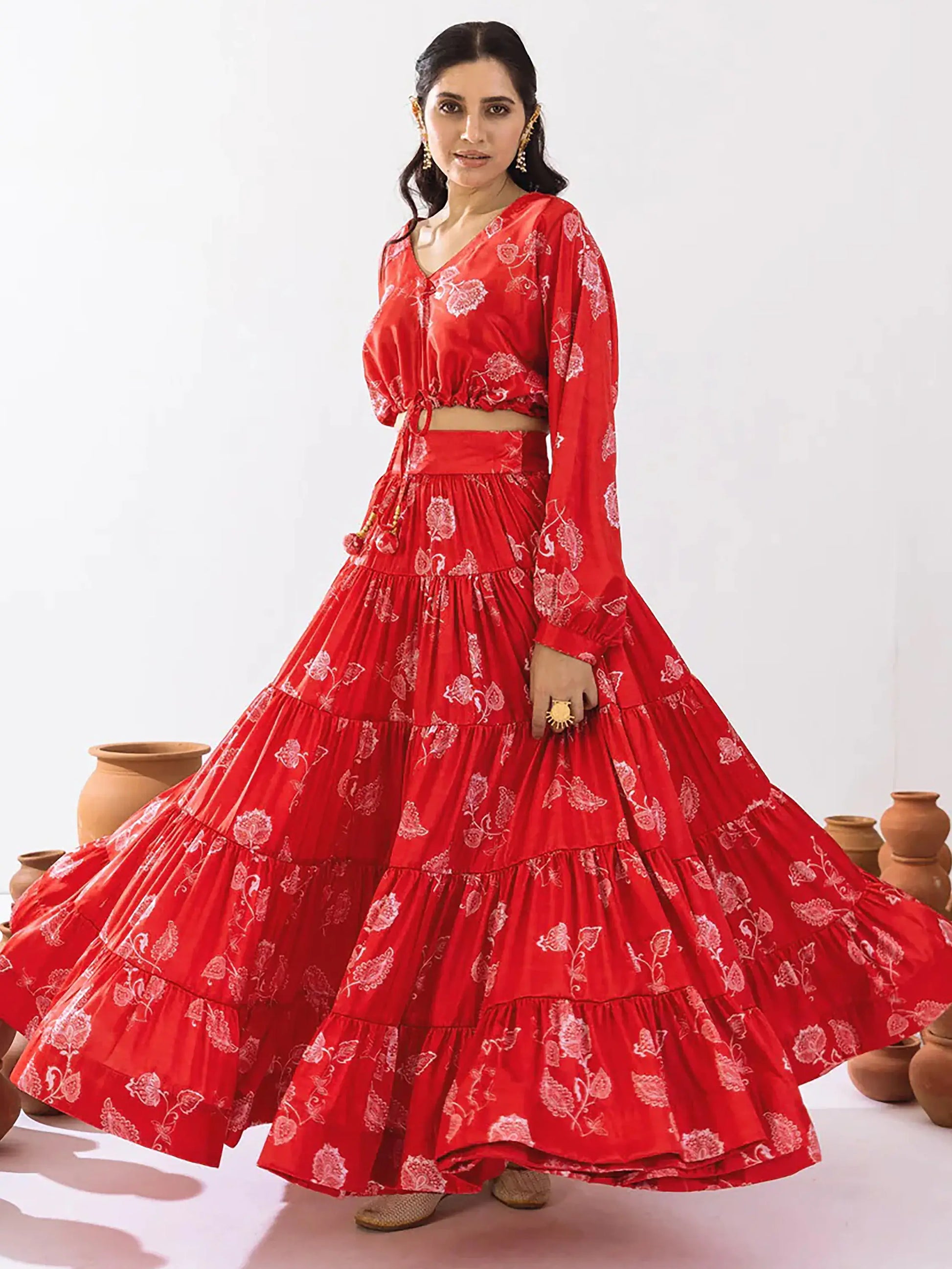 Glamorous Red Floral Printed Chinon Festival Wear Crop Top Lehenga - Zeel Clothing