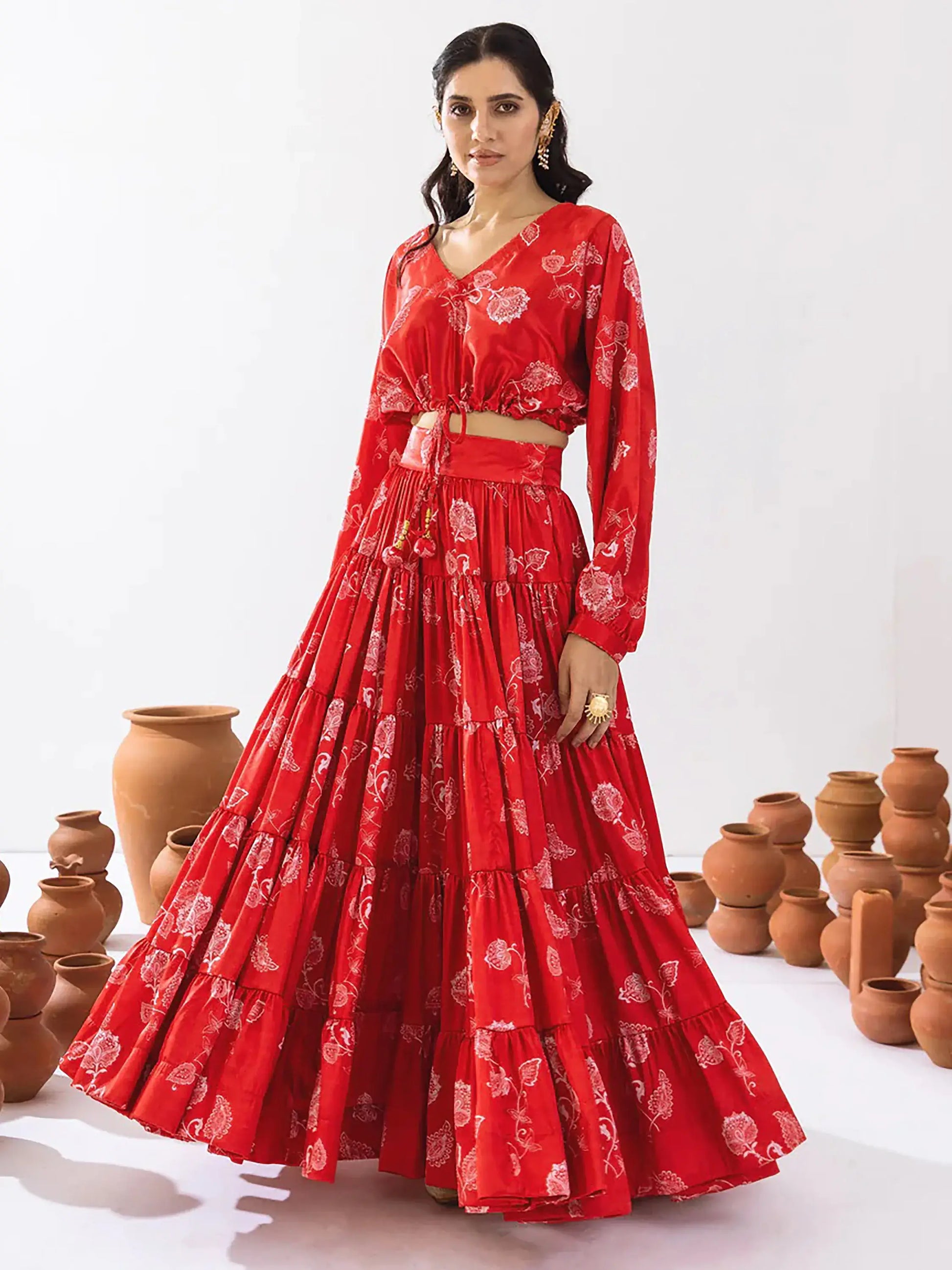 Glamorous Red Floral Printed Chinon Festival Wear Crop Top Lehenga - Zeel Clothing
