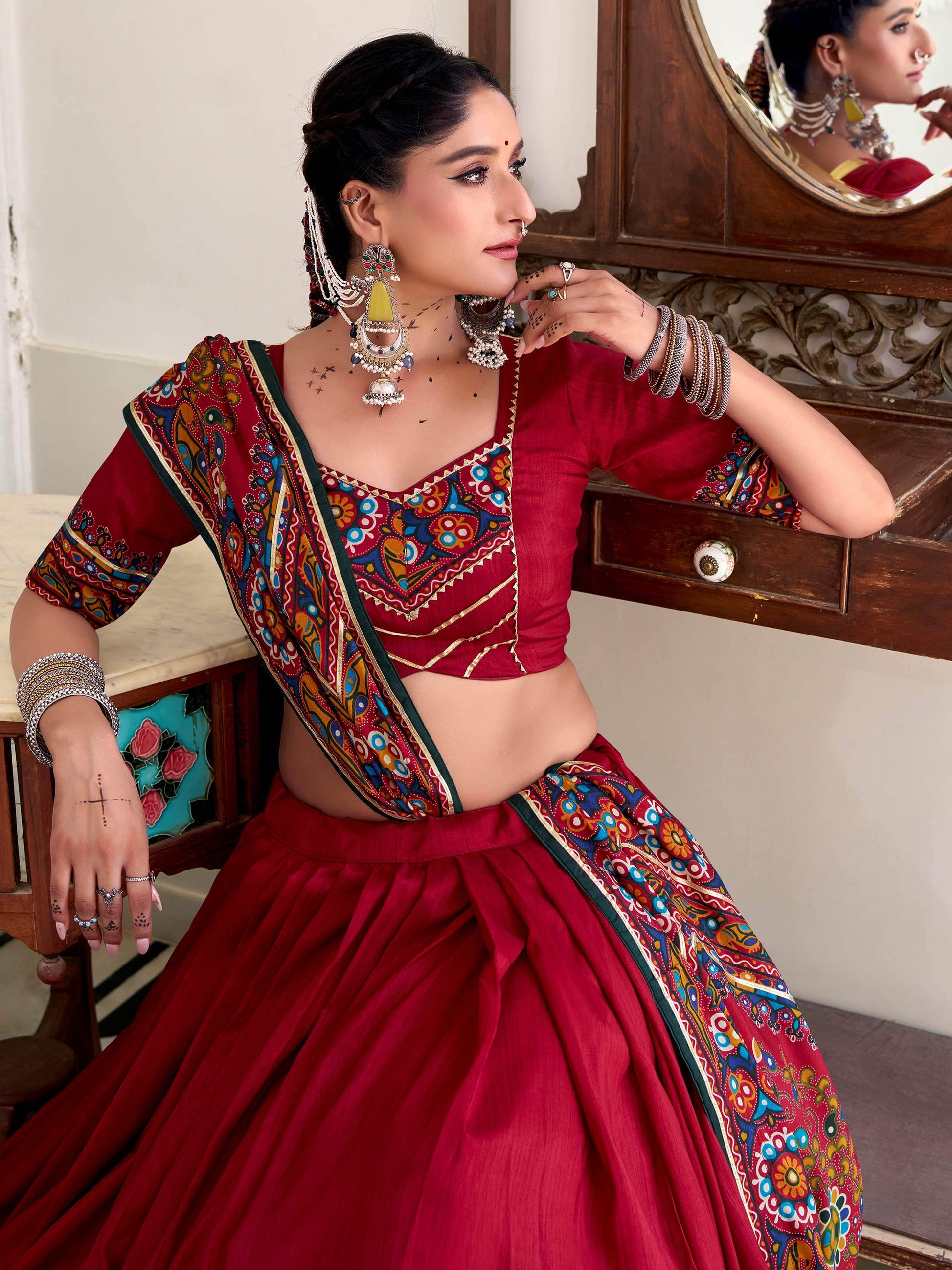 Glamorous Red Gamthi Print Tussar Silk Festive Wear Lehenga Choli With Dupatta - Zeel Clothing