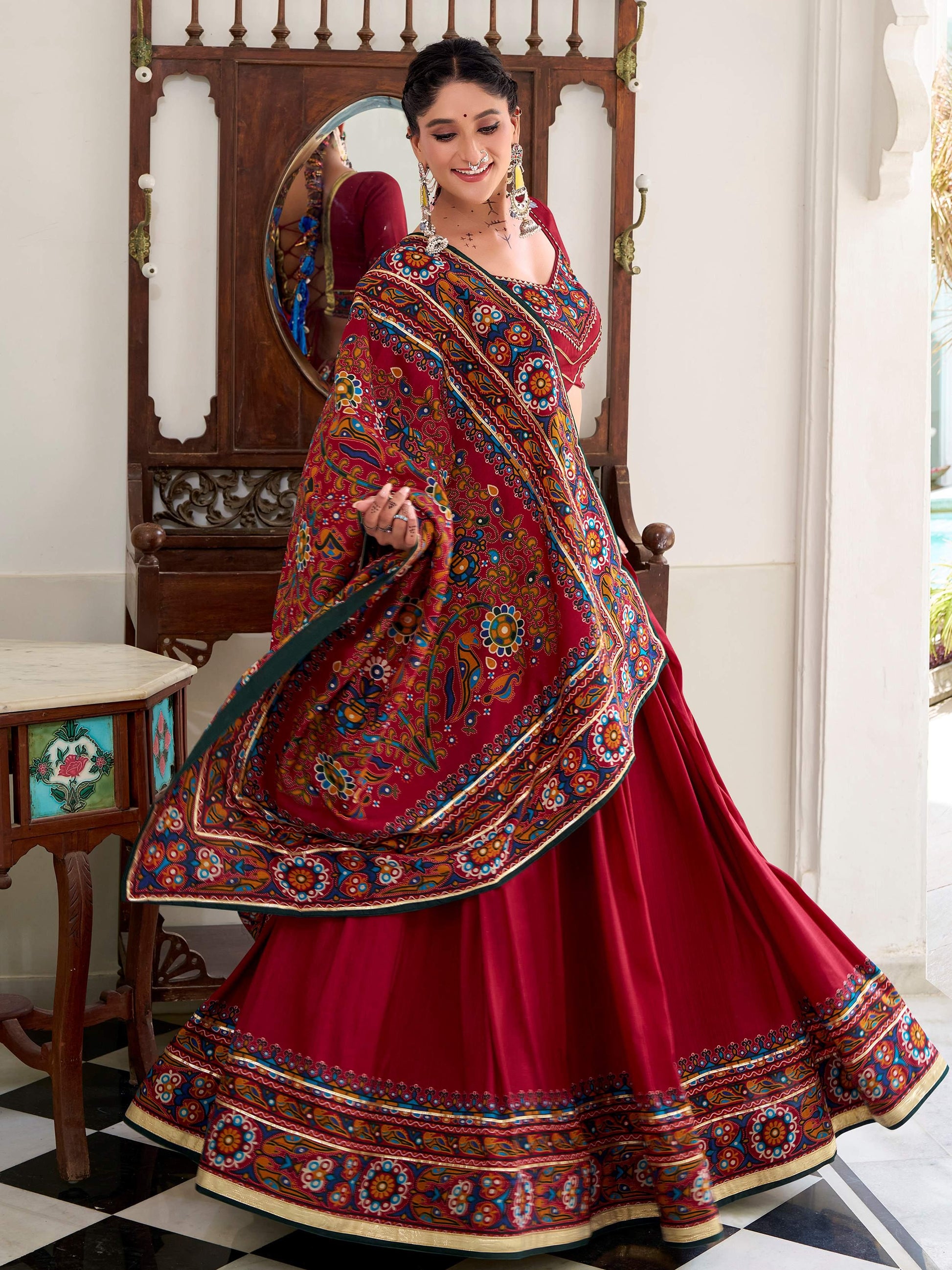 Glamorous Red Gamthi Print Tussar Silk Festive Wear Lehenga Choli With Dupatta - Zeel Clothing