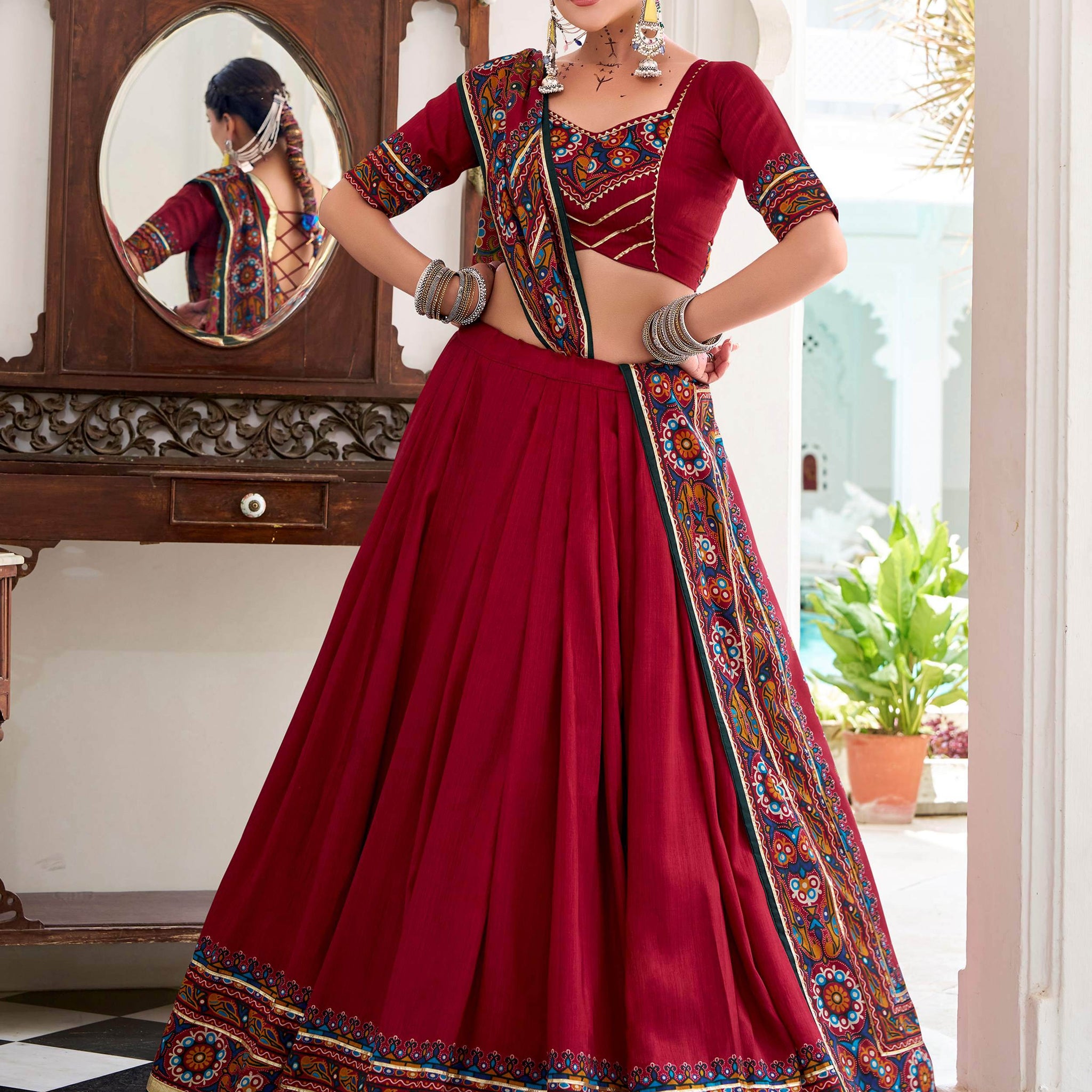 Glamorous Red Gamthi Print Tussar Silk Festive Wear Lehenga Choli With Dupatta - Zeel Clothing