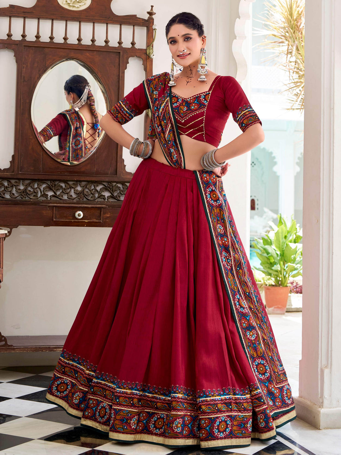 Glamorous Red Gamthi Print Tussar Silk Festive Wear Lehenga Choli With Dupatta - Zeel Clothing