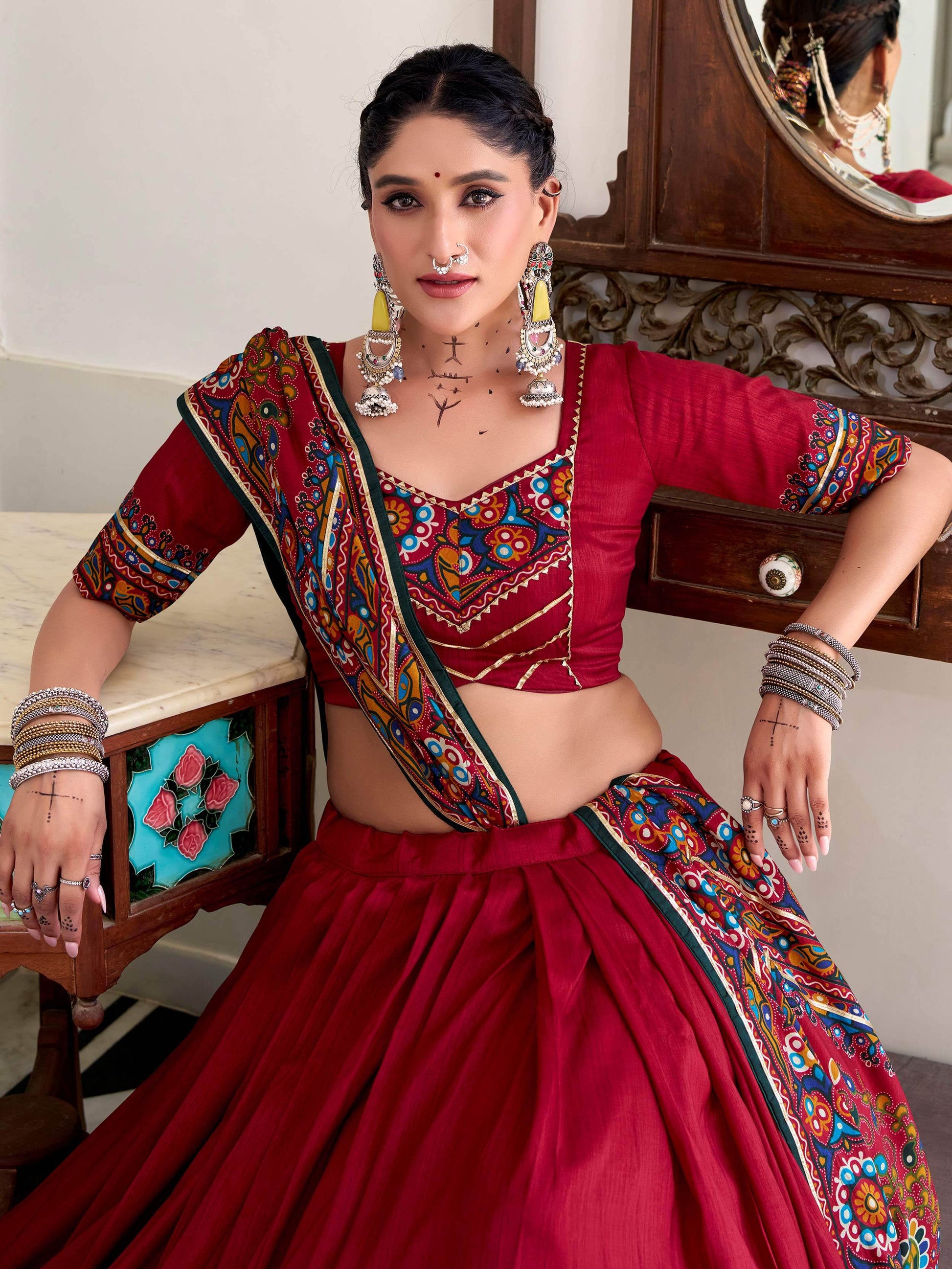 Glamorous Red Gamthi Print Tussar Silk Festive Wear Lehenga Choli With Dupatta - Zeel Clothing