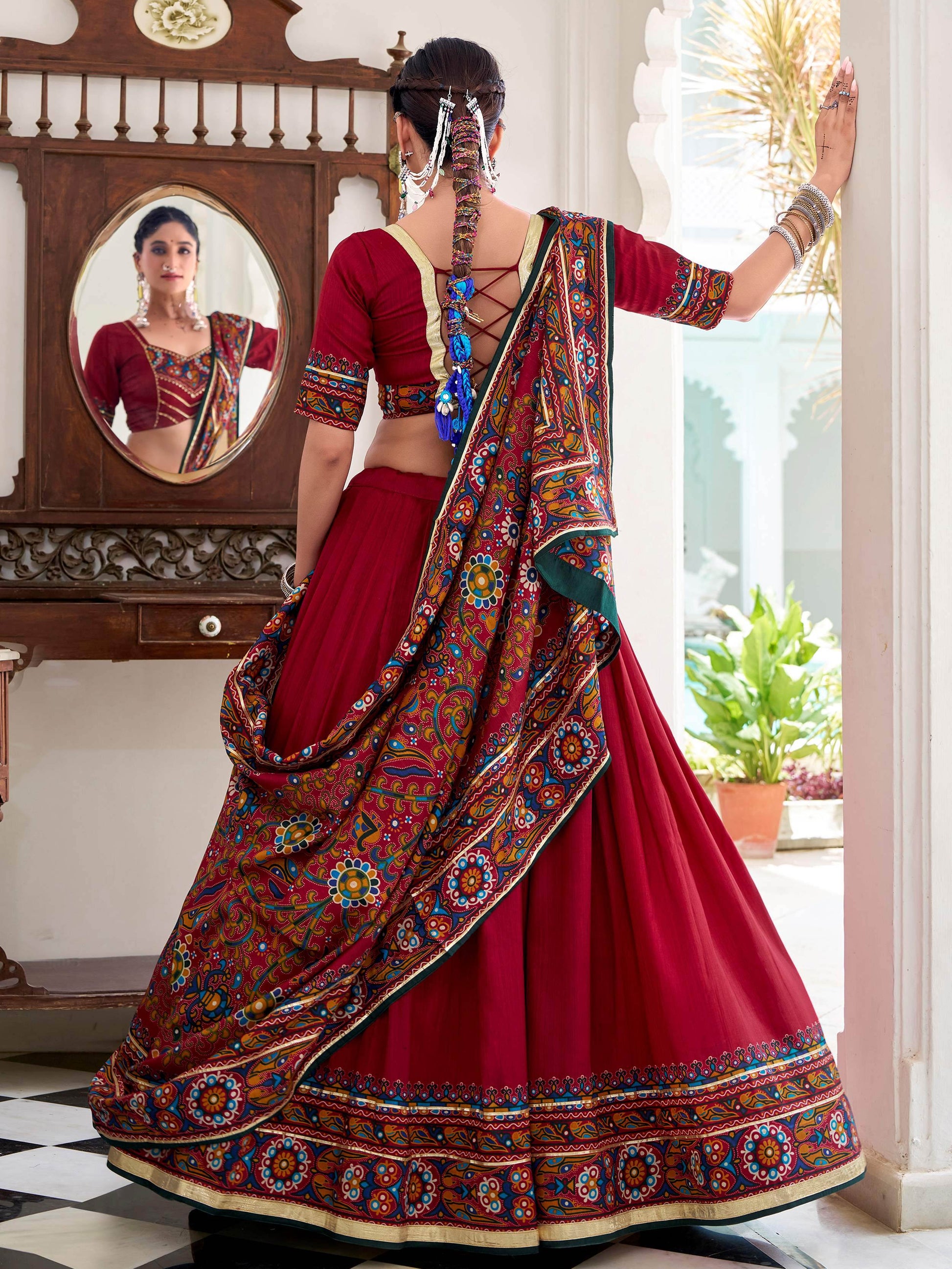 Glamorous Red Gamthi Print Tussar Silk Festive Wear Lehenga Choli With Dupatta - Zeel Clothing