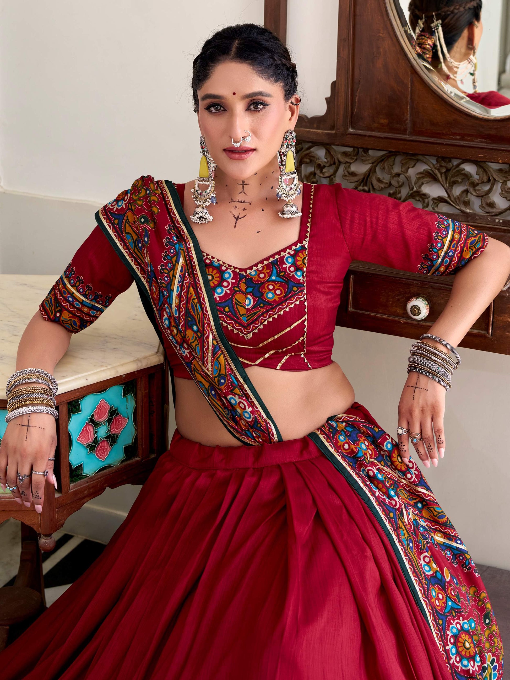 Glamorous Red Gamthi Print Tussar Silk Festive Wear Lehenga Choli With Dupatta - Zeel Clothing