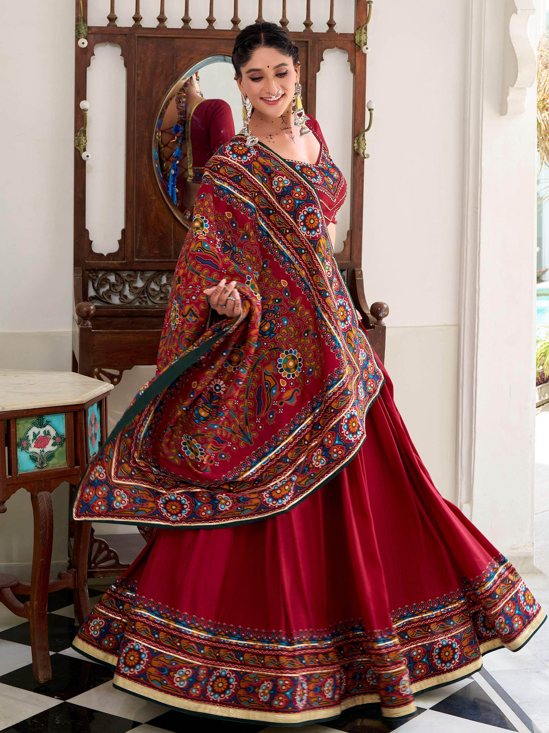 Glamorous Red Gamthi Print Tussar Silk Festive Wear Lehenga Choli With Dupatta - Zeel Clothing