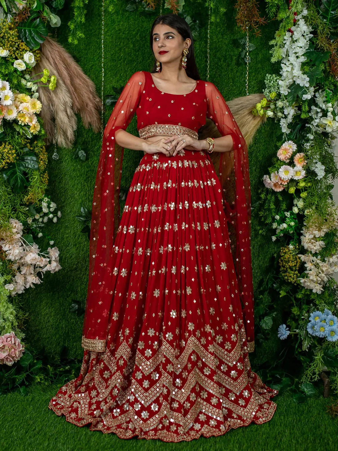 Glamorous Red Sequins Georgette Engagement Wear Lehenga Choli - Zeel Clothing
