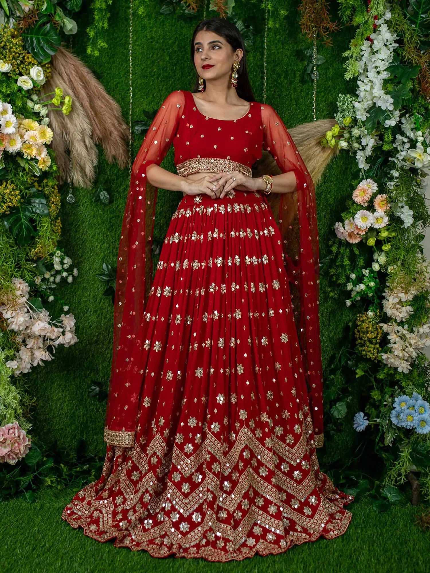 Glamorous Red Sequins Georgette Engagement Wear Lehenga Choli - Zeel Clothing