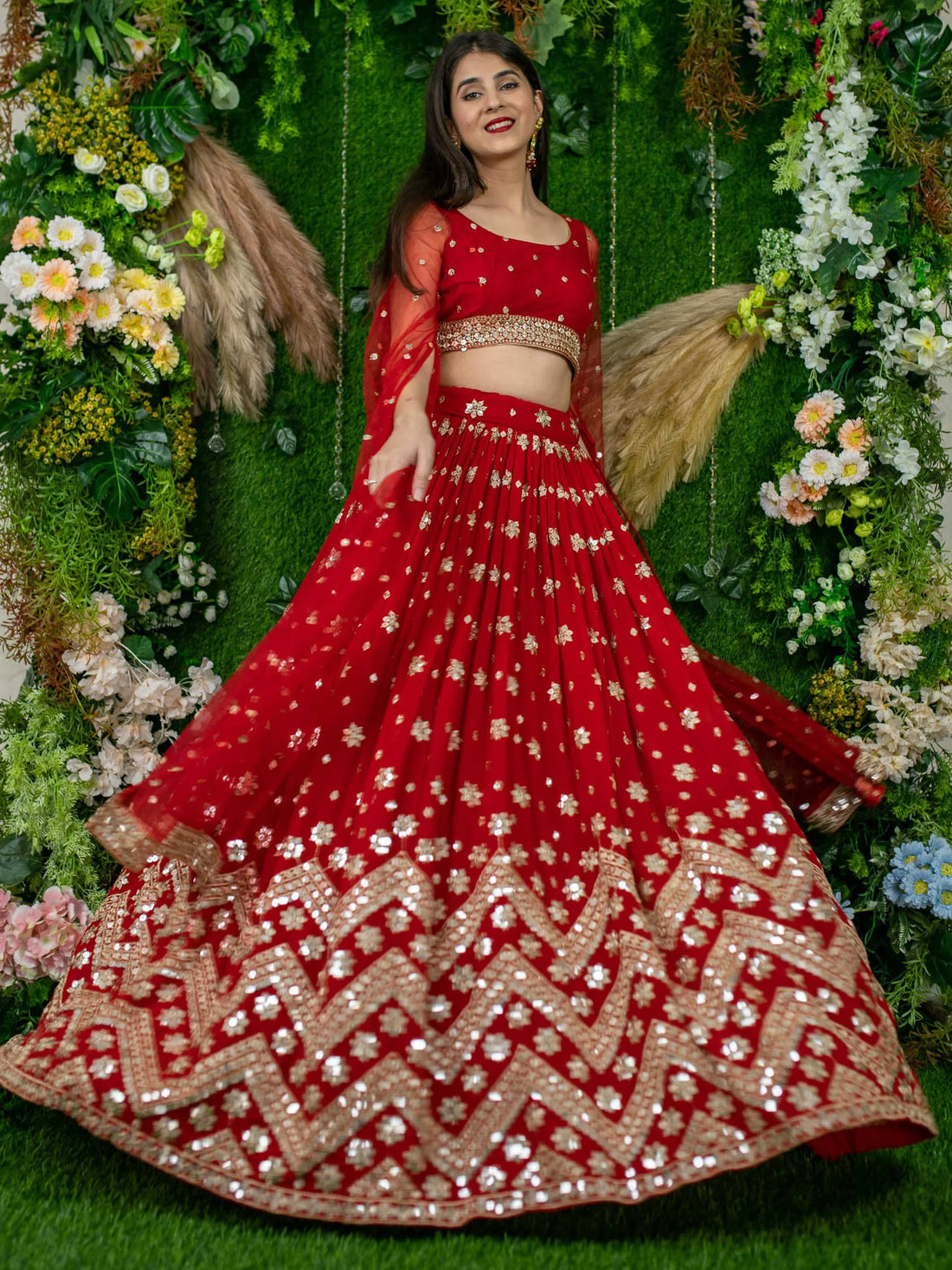 Glamorous Red Sequins Georgette Engagement Wear Lehenga Choli - Zeel Clothing