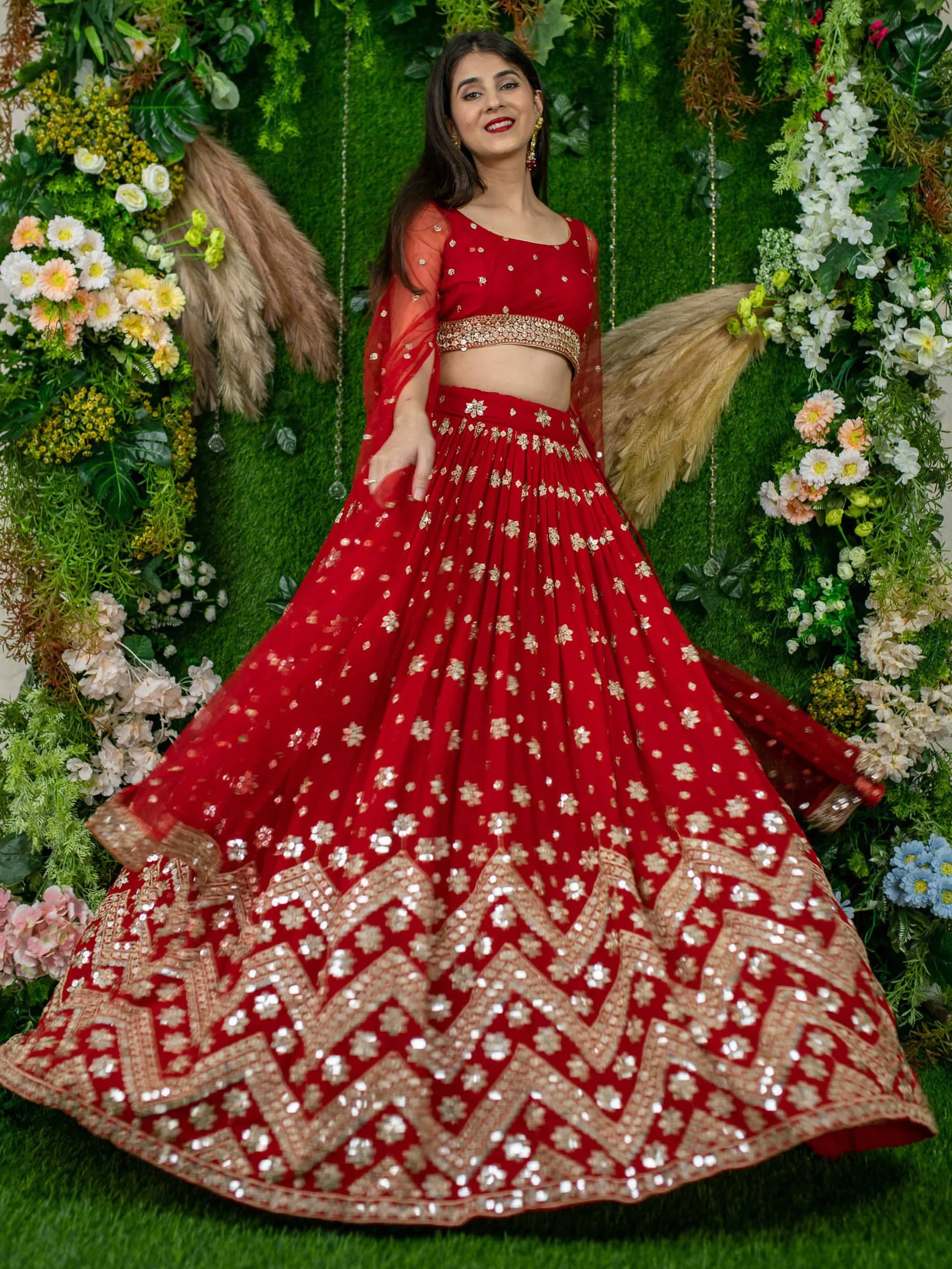 Glamorous Red Sequins Georgette Engagement Wear Lehenga Choli - Zeel Clothing