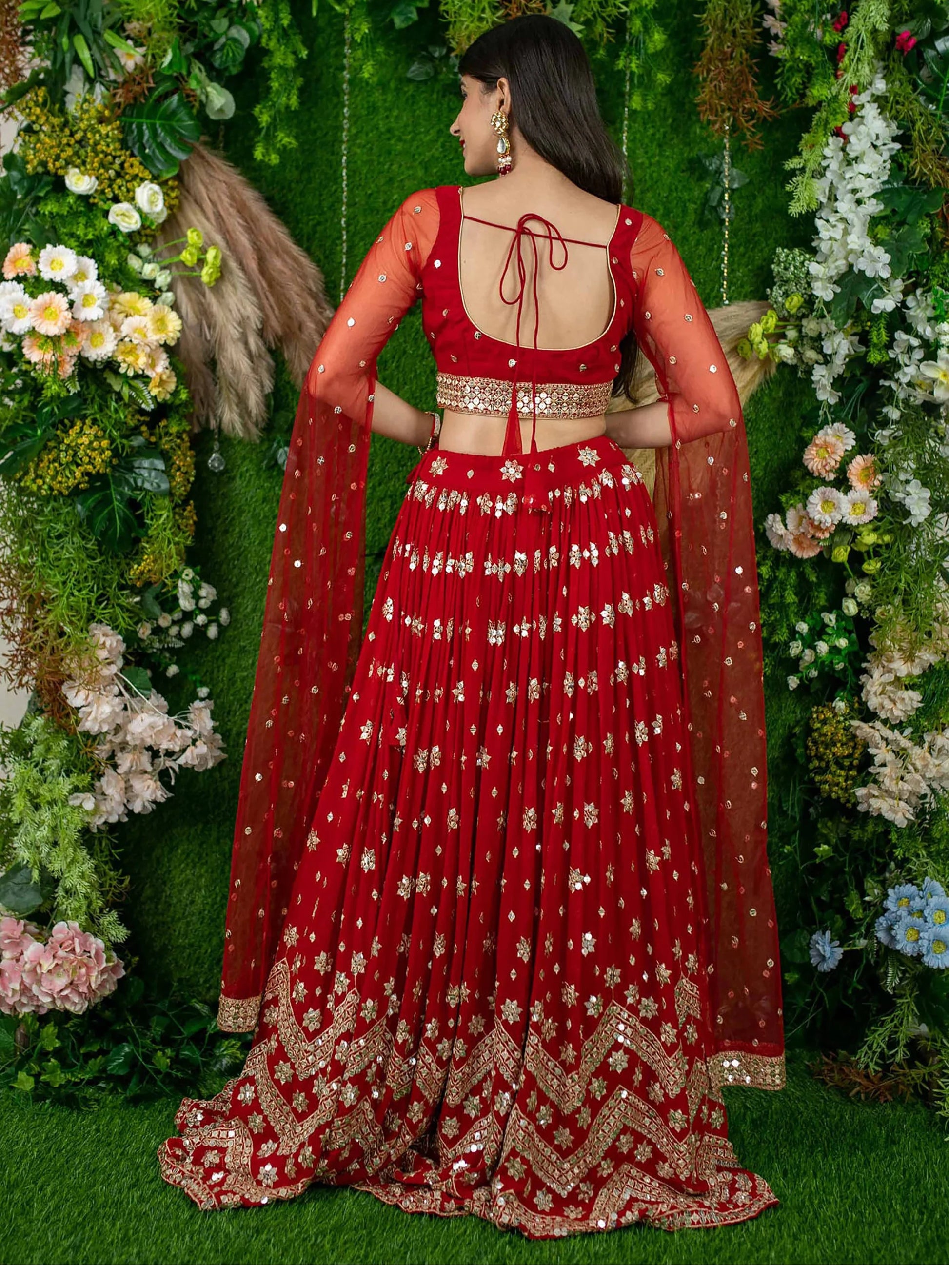 Glamorous Red Sequins Georgette Engagement Wear Lehenga Choli - Zeel Clothing