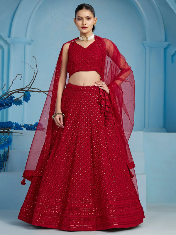 Glamorous Red Sequins Georgette Wedding Lehenga Choli With Dupatta - Zeel Clothing