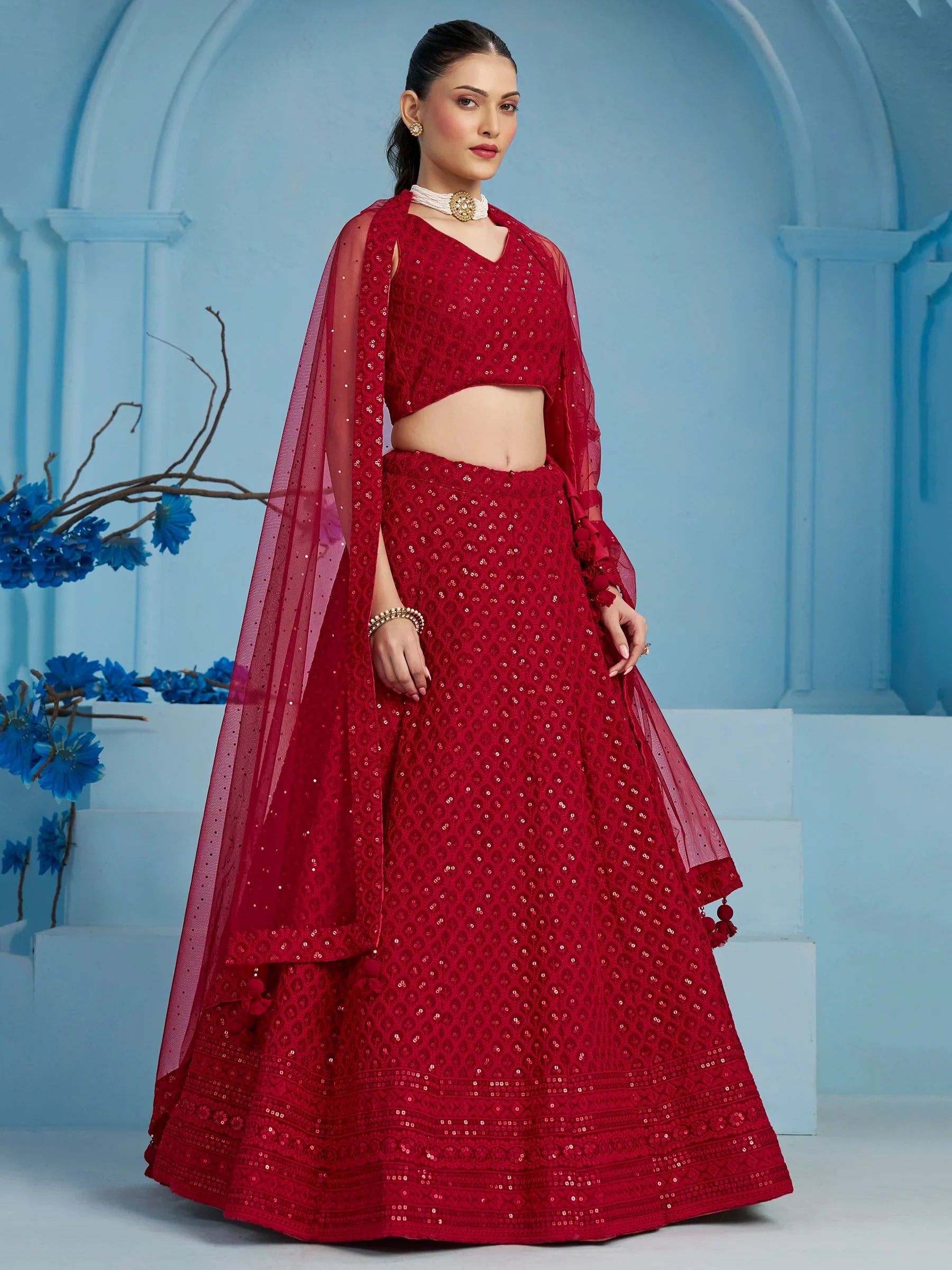 Glamorous Red Sequins Georgette Wedding Lehenga Choli With Dupatta - Zeel Clothing